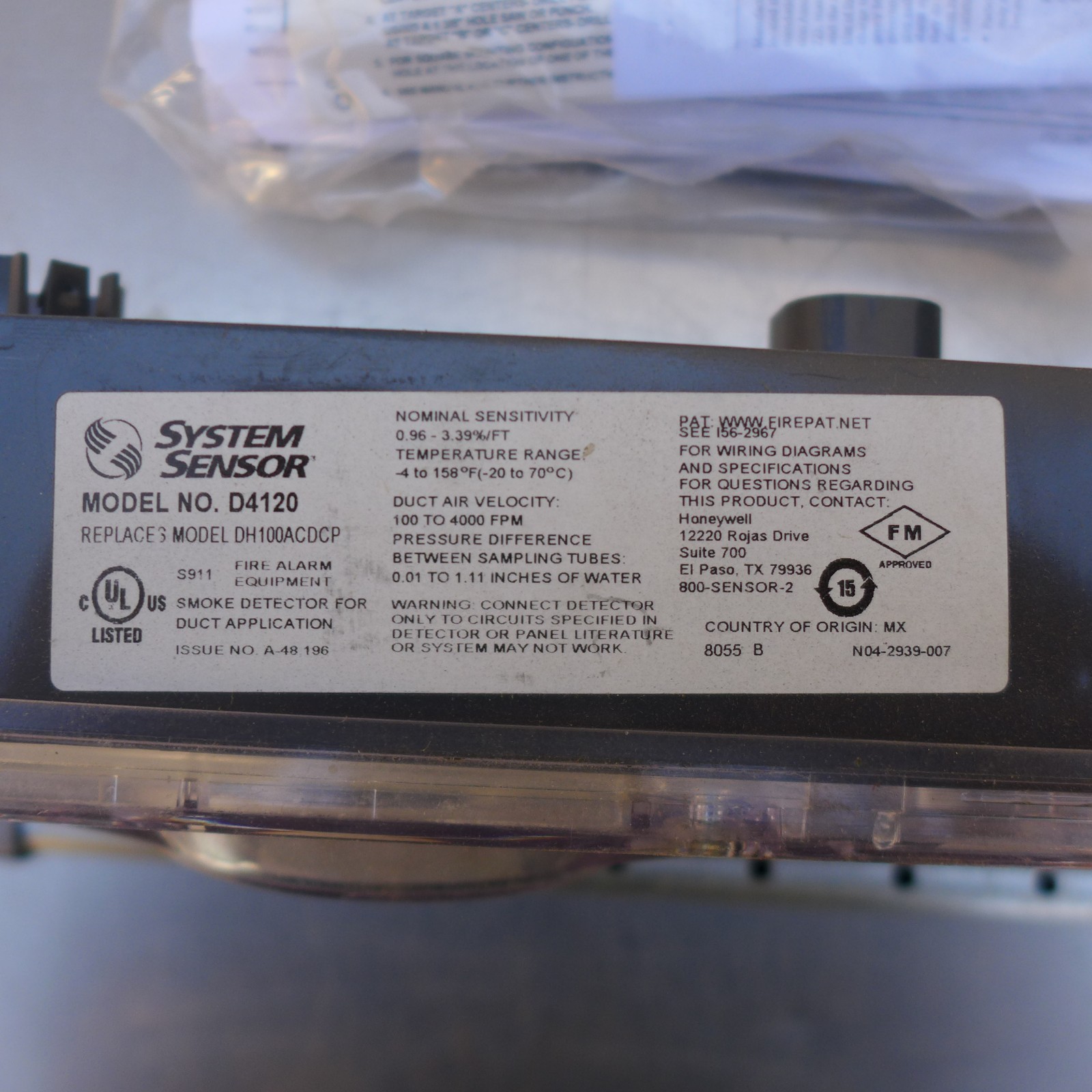 B86 SYSTEM SENSOR D4120 ENNVAIR FLEX 4-WIRE PHOTOELECTRIC DUCT SMOKE DETECTOR