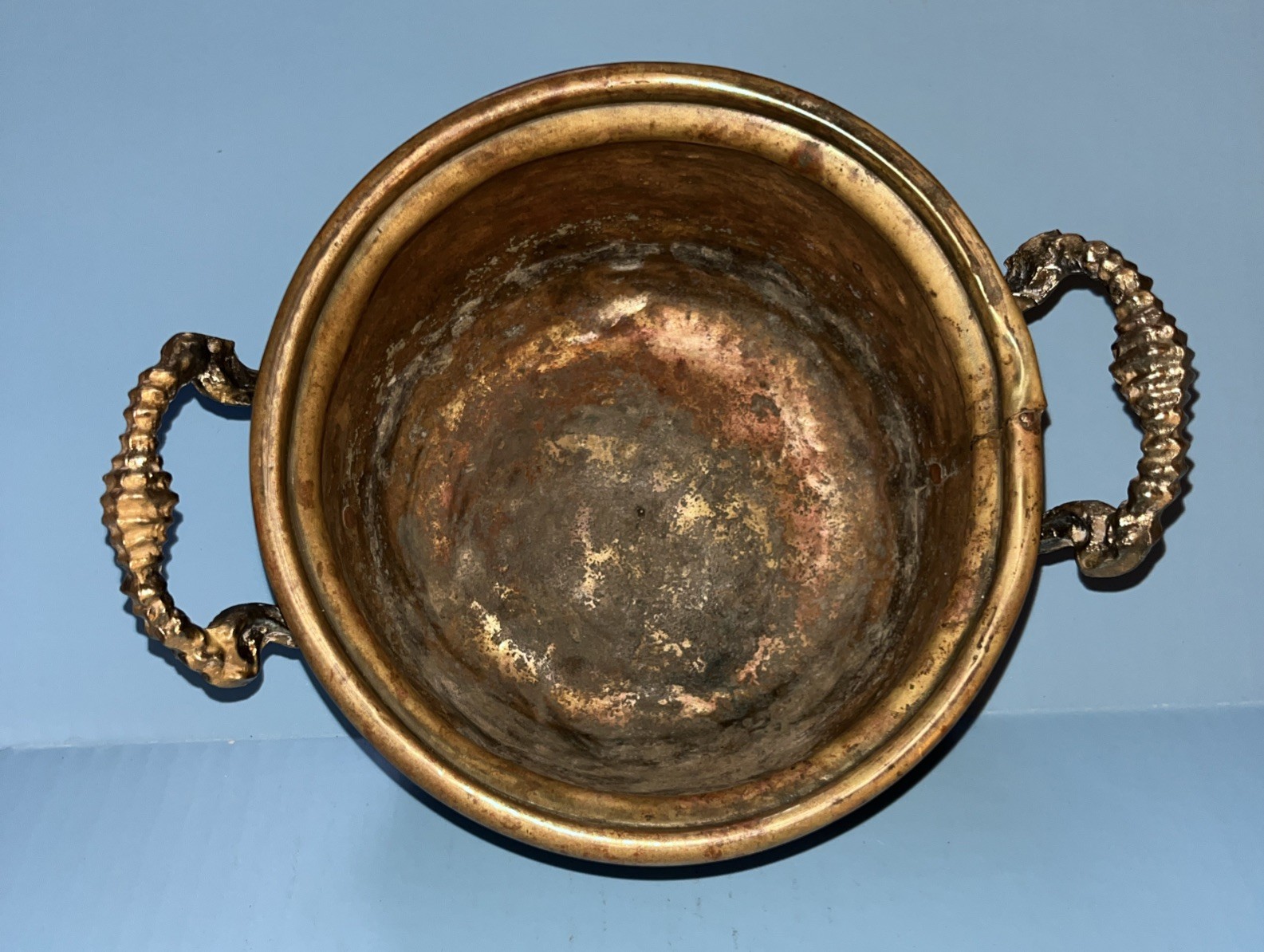 ANTIQUE Brass Planter with Lion Head Handles Round Flower Pot BEAUTIFUL