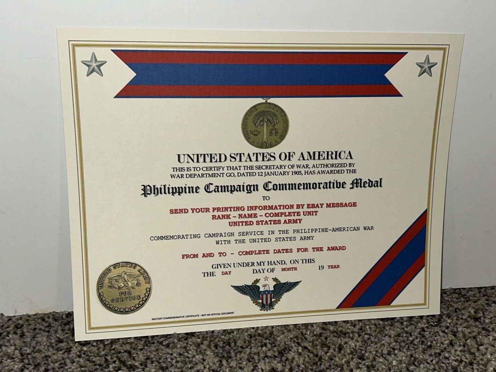 PHILIPPINE CAMPAIGN (ARMY) COMMEMORATIVE MEDAL CERTIFICATE ~ W/PRINTING TYPE-1