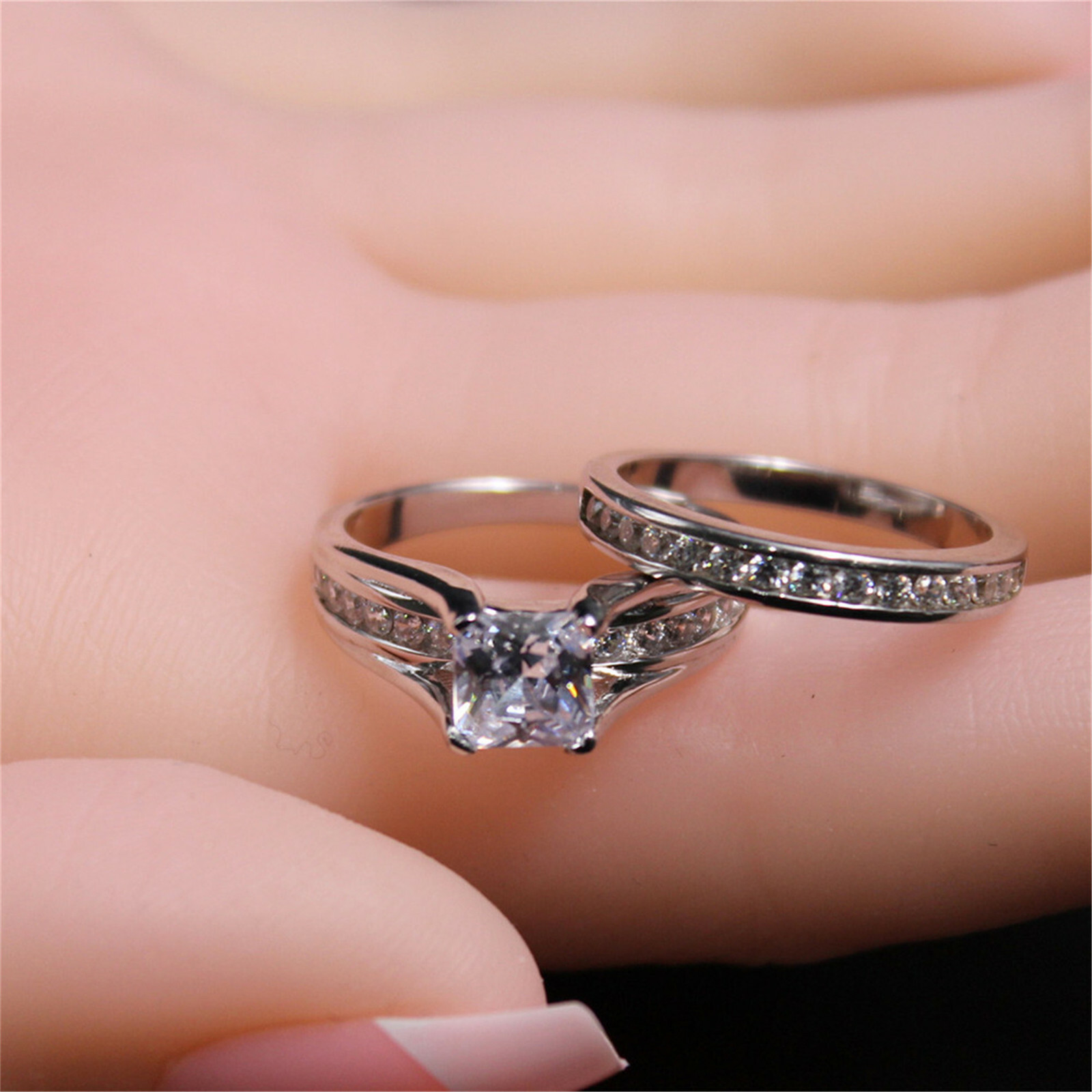 Classy Women Stainless Steel Princess Cut Wedding Engagement Ring Set Size 5-11