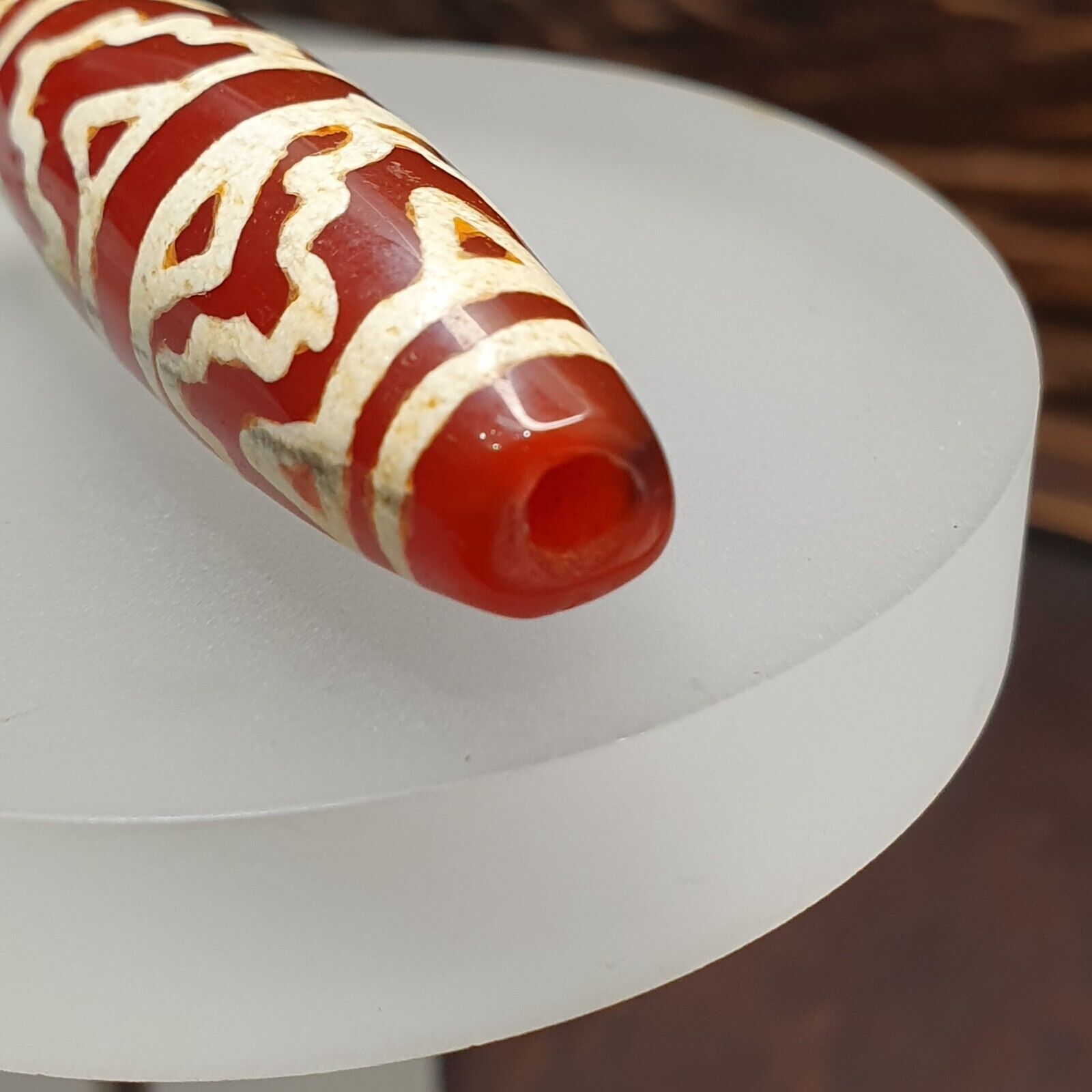 Antique Tibetan Nepalese RED Etched Agate Bead Decorated Carnelian Beads ETC-2