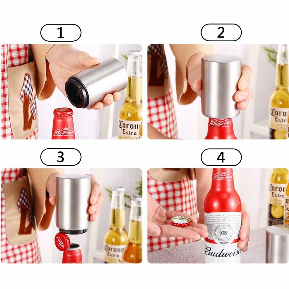 Magnet Automatic Beer Bottle Opener Push Down Soda Cap Collector Stainless Steel