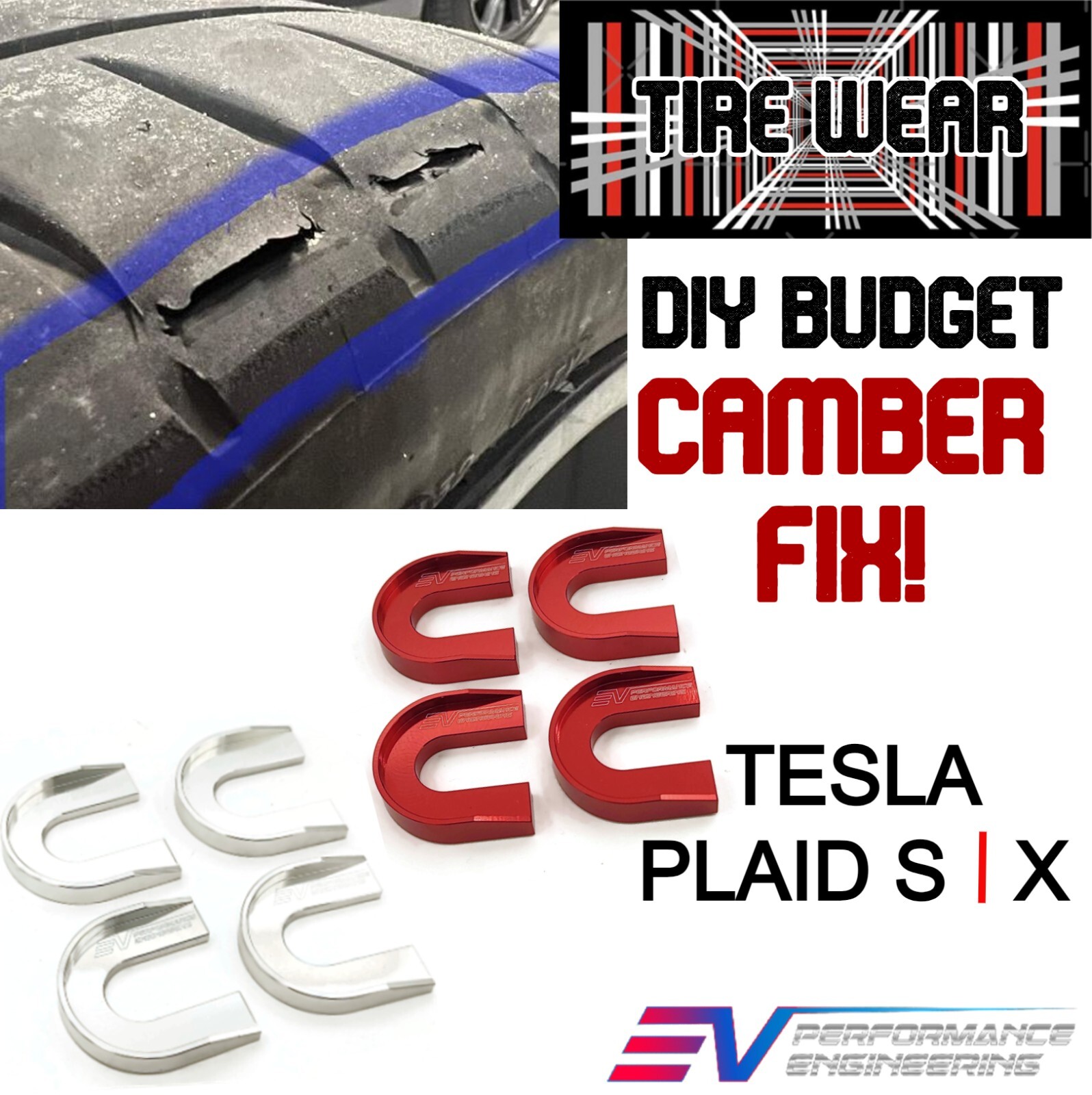 TESLA Model S X PLAID-REAR CAMBER KIT ALIGNMENT SHIMS - TIRE WEAR FIX 0.7 1.5deg