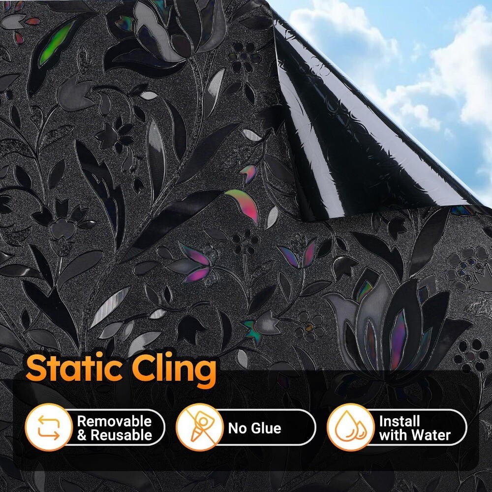 rabbitgoo Total Blackout Window Film Heat Blocking Stained Floral Glass Sticker