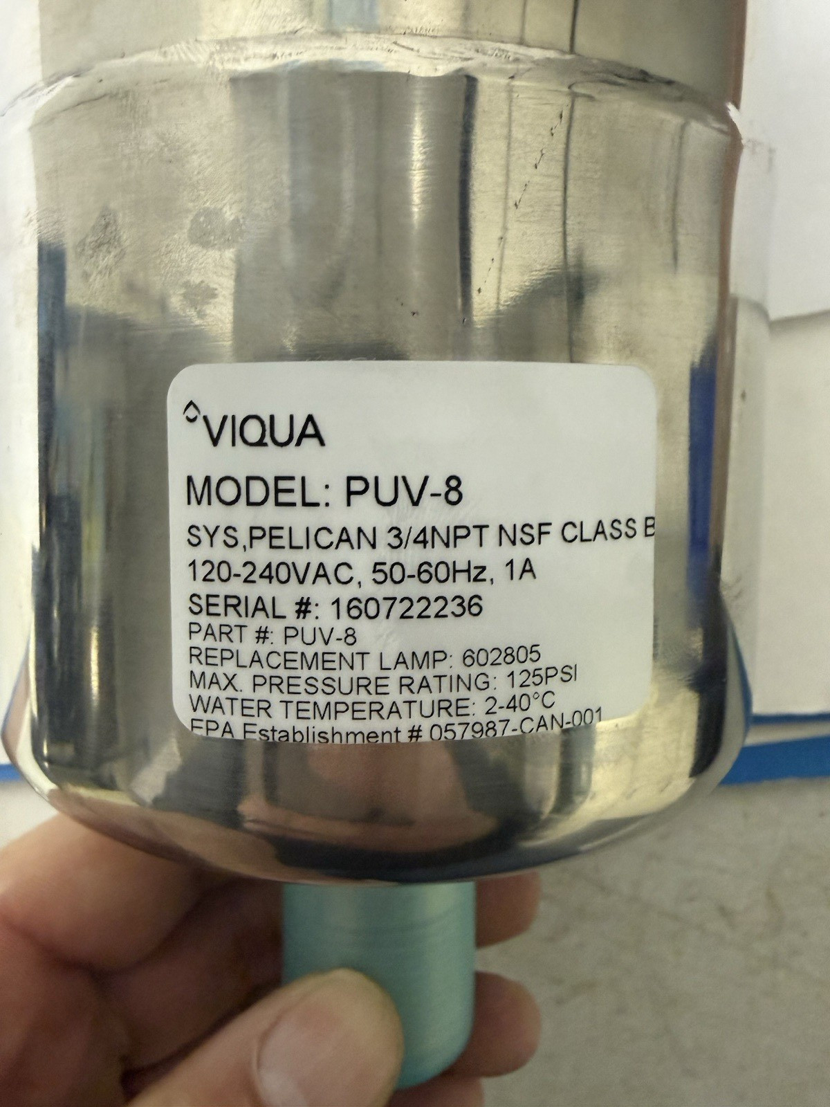 PELICAN VIQUA PUV-8 UV Water Purification CYLINDER ONLY NOT COMPLETE F26