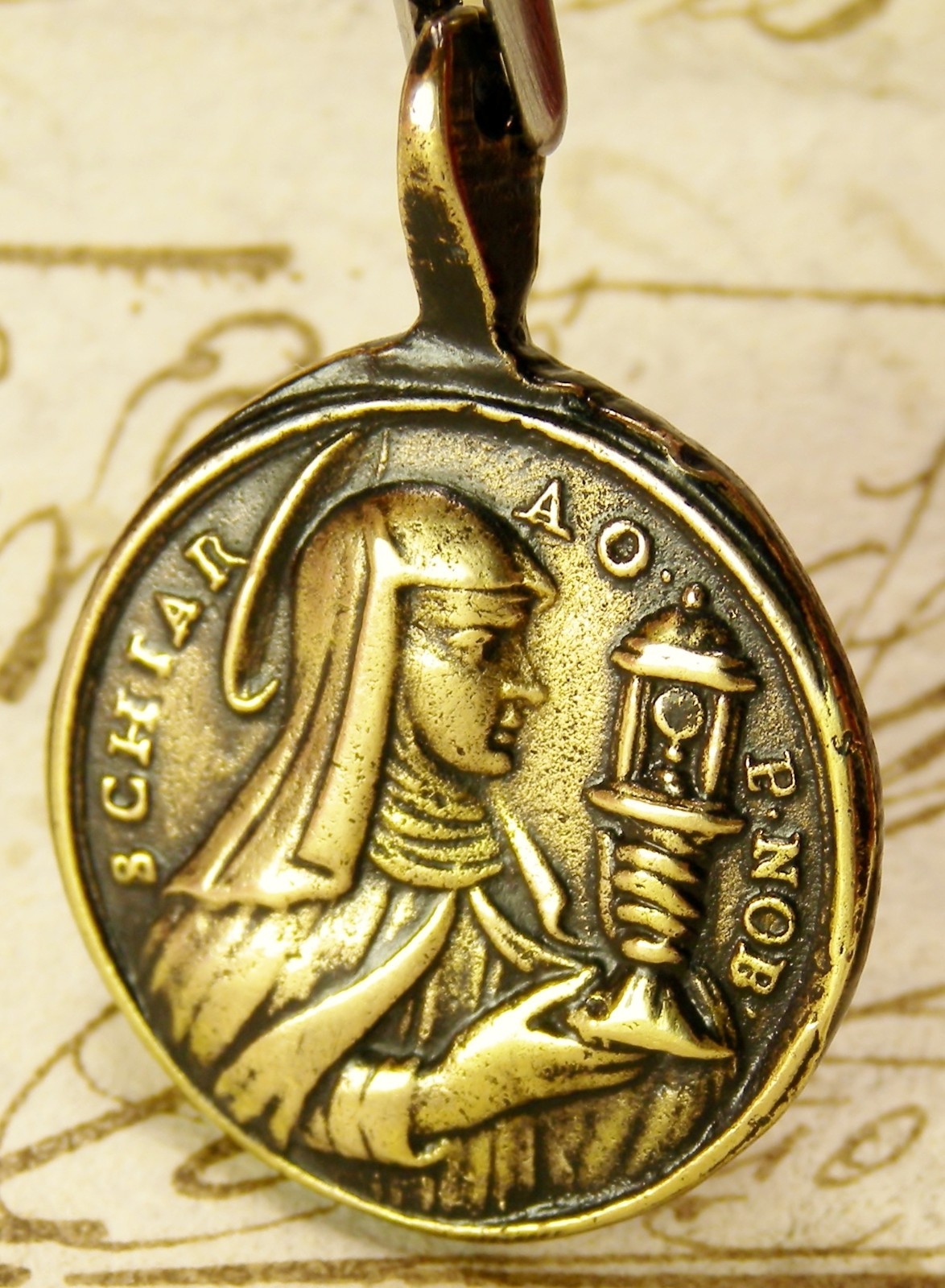 ANTIQUE 18TH CENTURY BRONZE MEDAL ST CLARE OF ASSISI & ST PASCHAL BAYLON