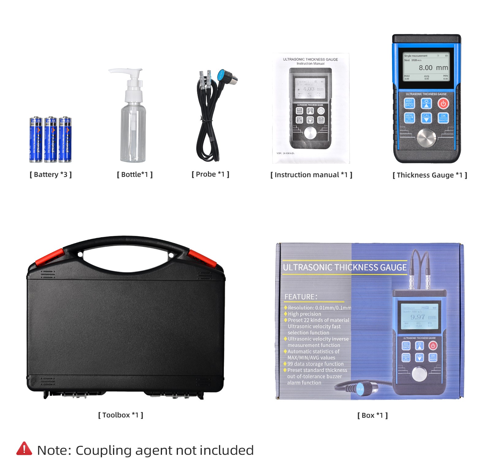 Digital Ultrasonic Thickness Gauge Tester Meter 0.8-500mm Plastic Steel Metal US