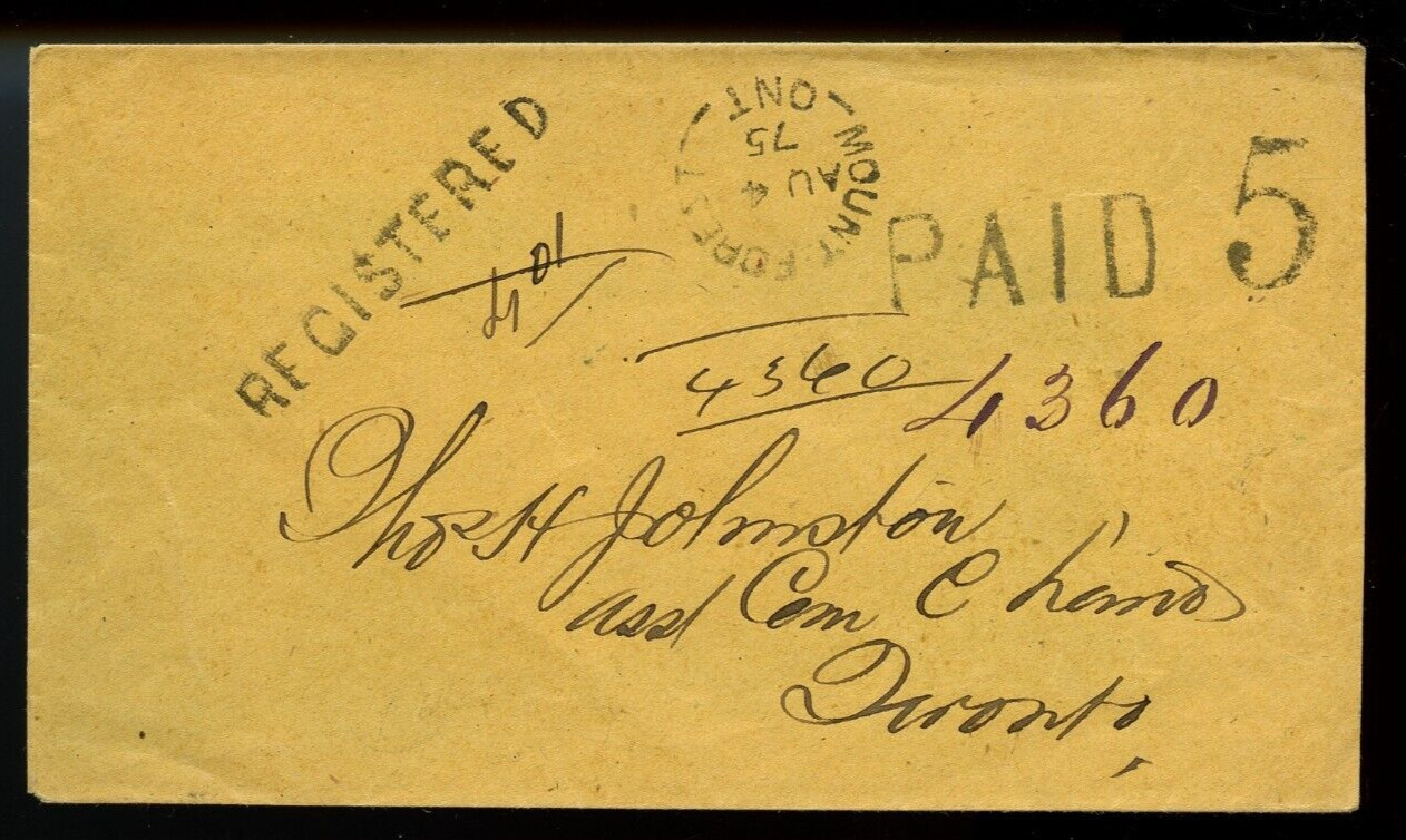 🍁1875 REGISTERED PAID 5 clean Mount Forest to TO, stampless cover Canada