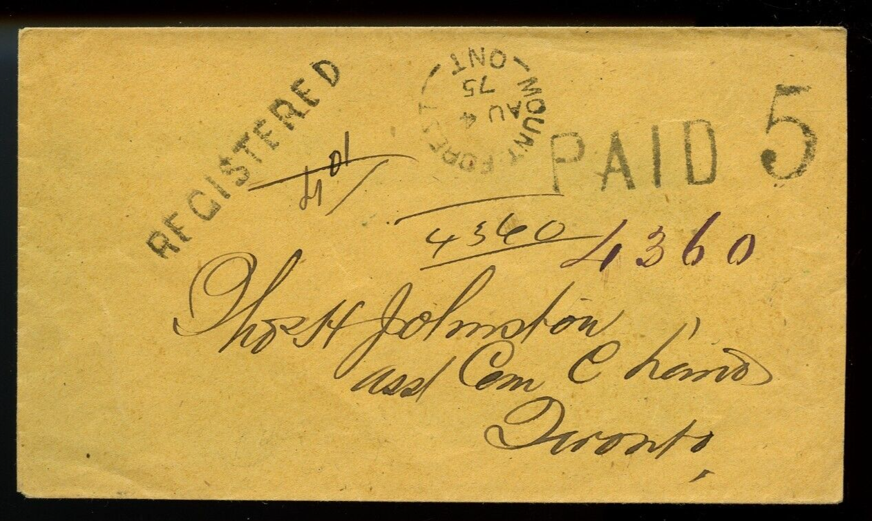 🍁1875 REGISTERED PAID 5 clean Mount Forest to TO, stampless cover Canada