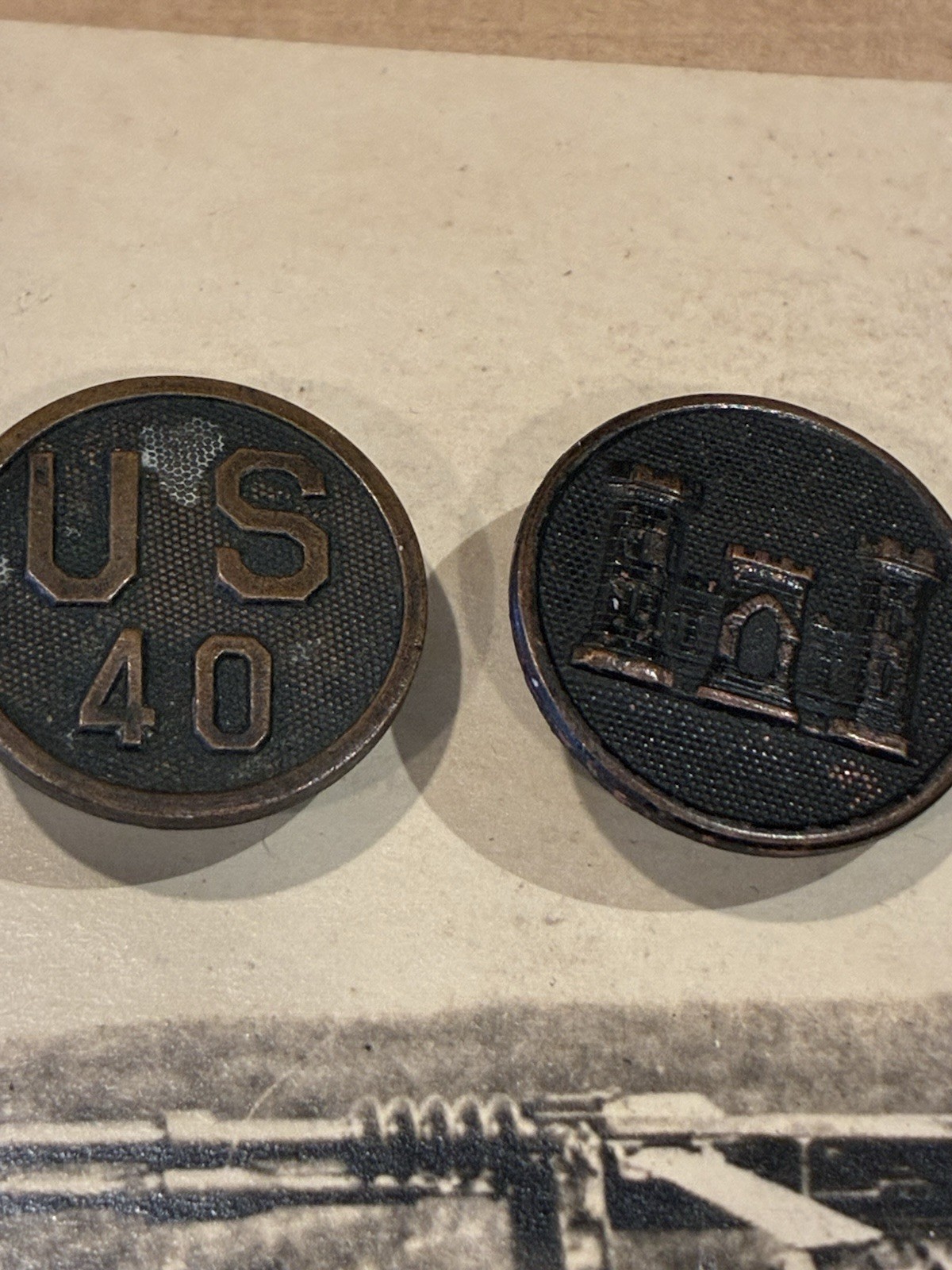 RARE WW1 US ARMY AEF 40th ENGINEERS (CAMOUFLAGE) UNIT,PATCH AND SET COLLAR DISC