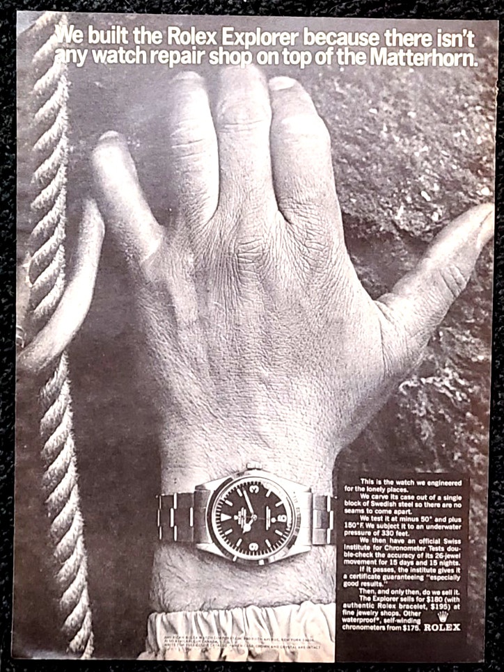 Rolex Explorer Original 1966 Vintage Print Ad On Top Of The Matterhorn Wall Art