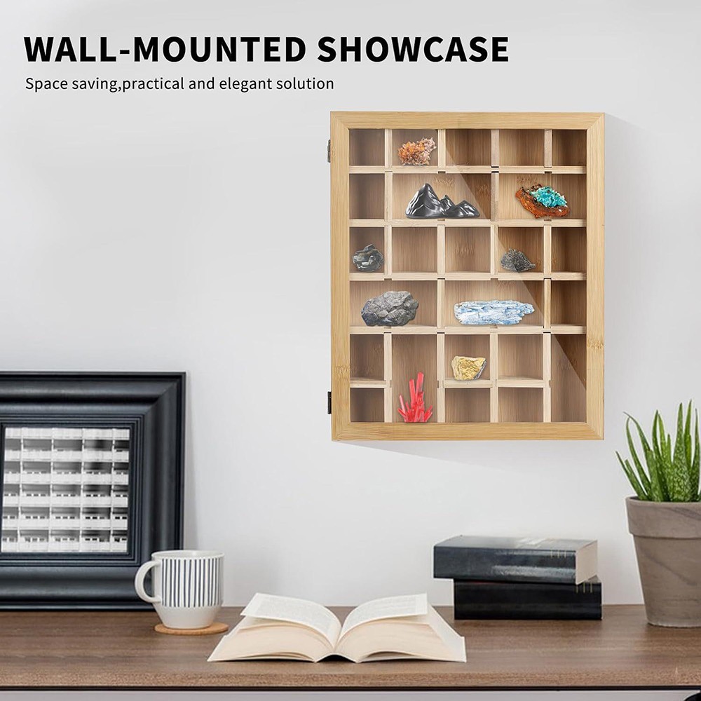 30-Grid Wooden Display Box for Crystals Rocks Minerals Collectibles Adjustable