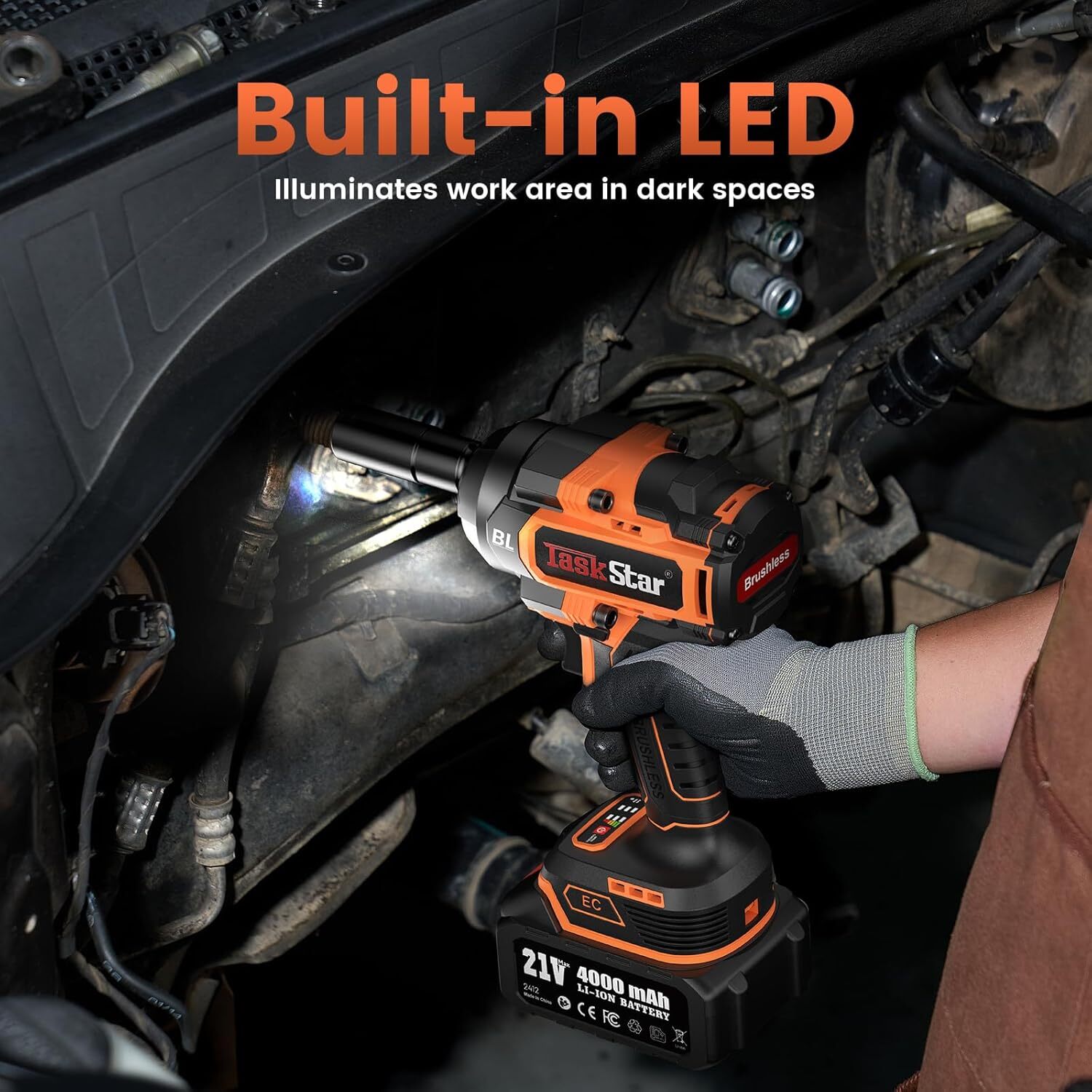 TaskStar Cordless Impact Wrench 1/2“, 1110 Ft-lbs(1500 N.m) 2 * 4.0 Ah Battery