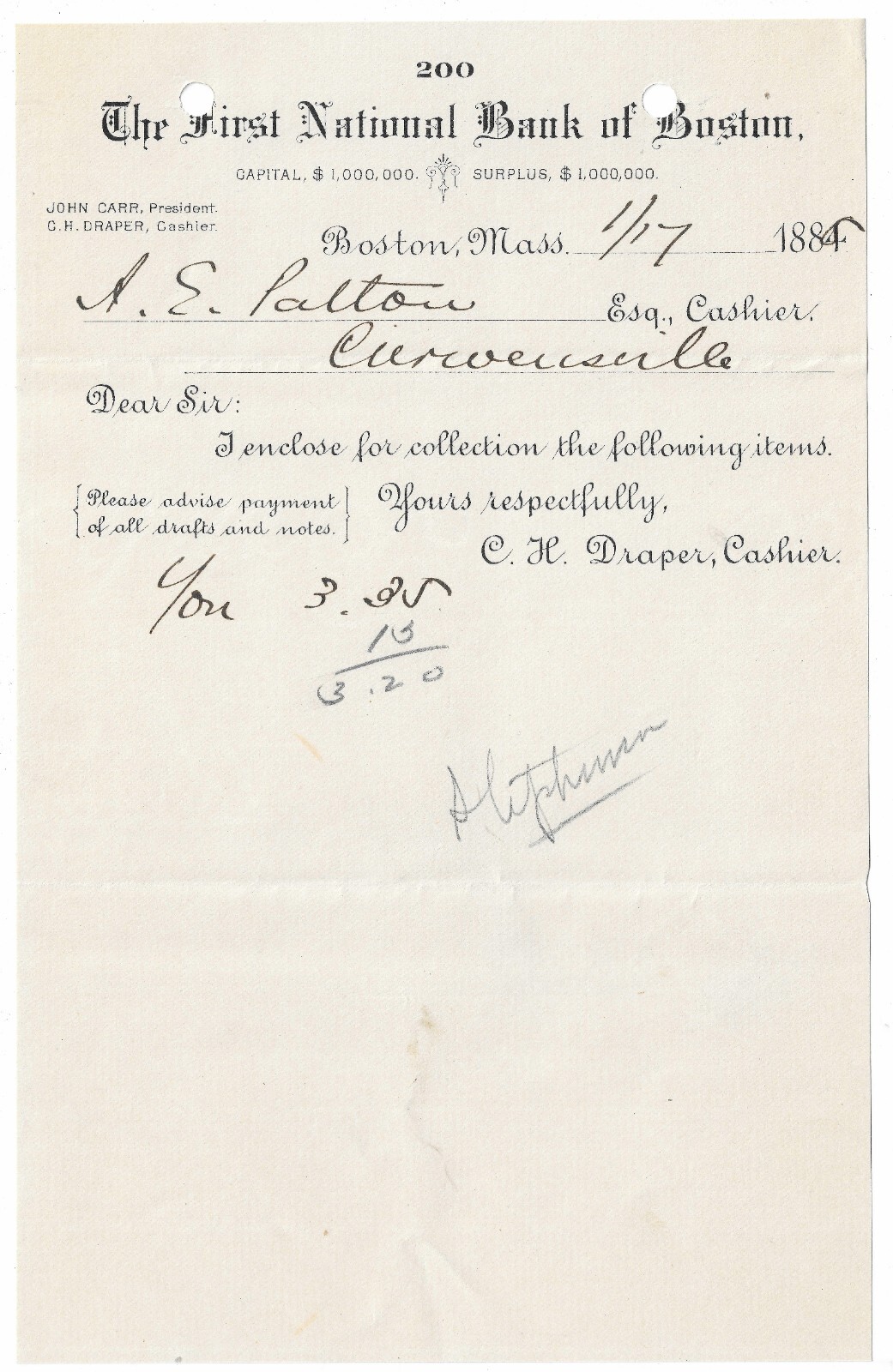 1884 (?) Collection Slip, The First National Bank of Boston, Massachusetts
