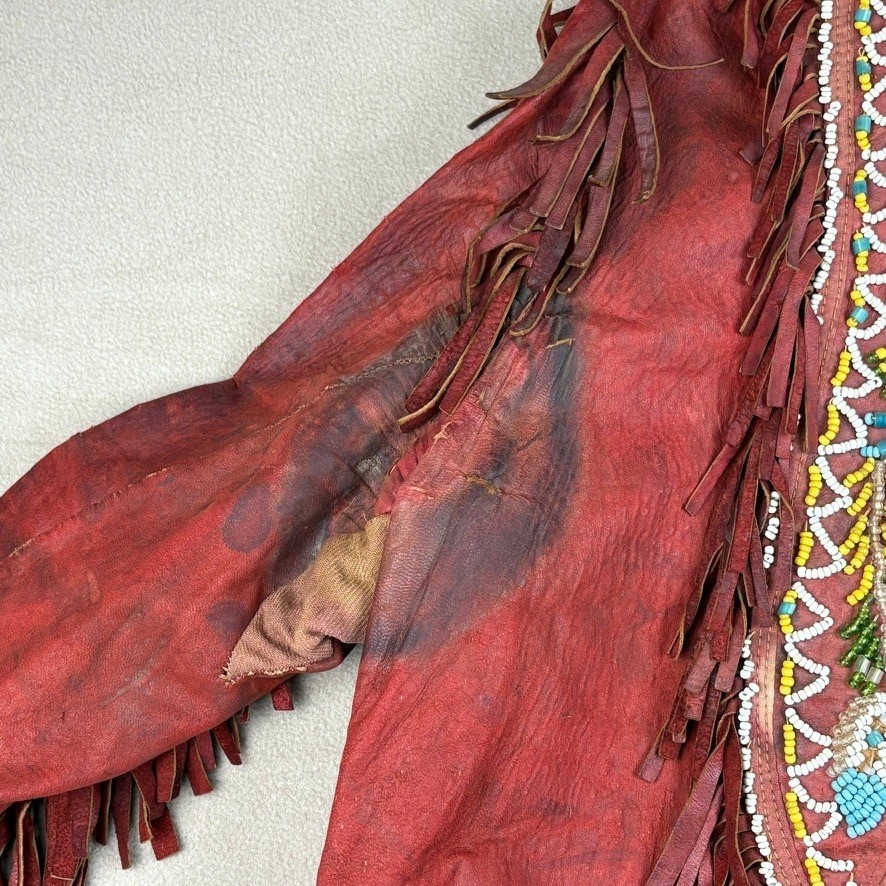 1880 - 1920 Handmade Red Leather Beaded Ceremonial Coat Native American Western
