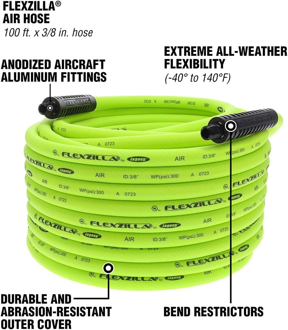 Flexzilla Pro Air Hose, 3/8 in. x 100ft., Heavy Duty, Lightweight - ZillaGreen