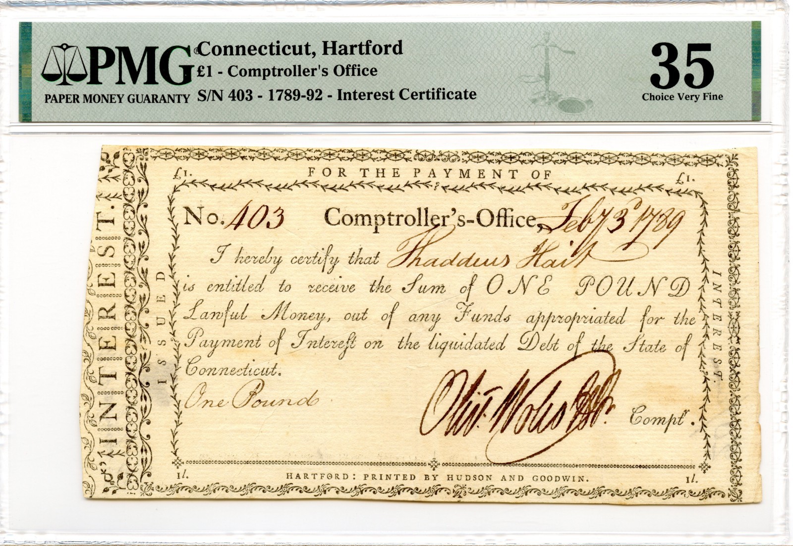 Connecticut Colonial Interest Certificate 1789 1 Pound PMG VF-35