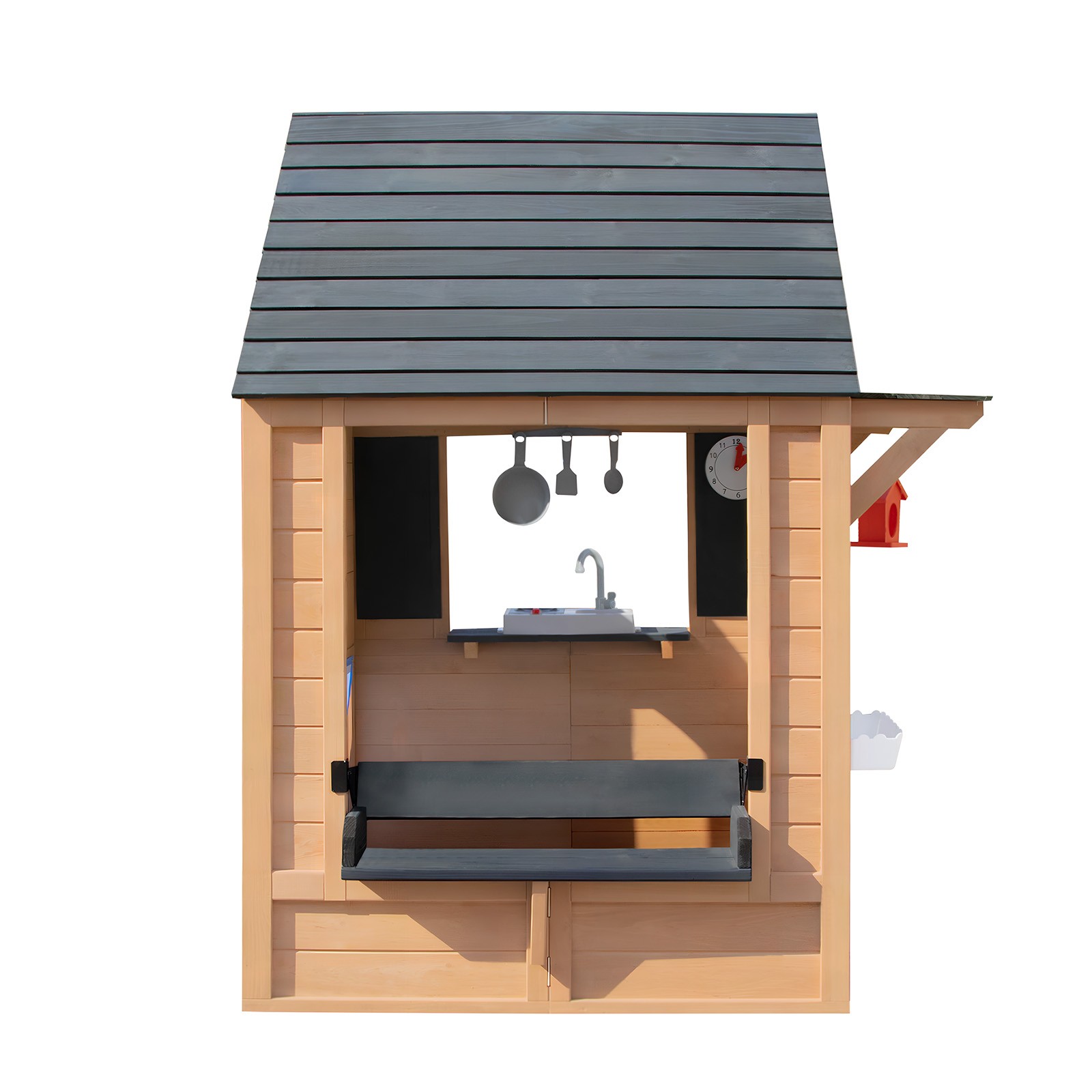 Kids Wooden Playhouse with Bench,Play Kitchen,Chalkboard,Flowerpot,Birdcage