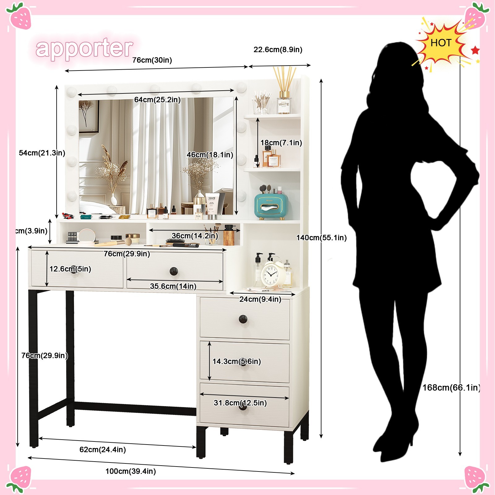 11 Led Lights Makeup Desk Set With Mirror Dressing Dresser Table White Vanity