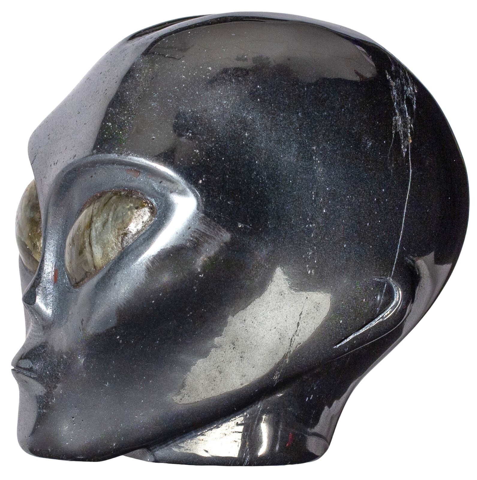 4" HEMATITE Star Being Female Alien Head Crystal Skull Labradorite Eyes Large