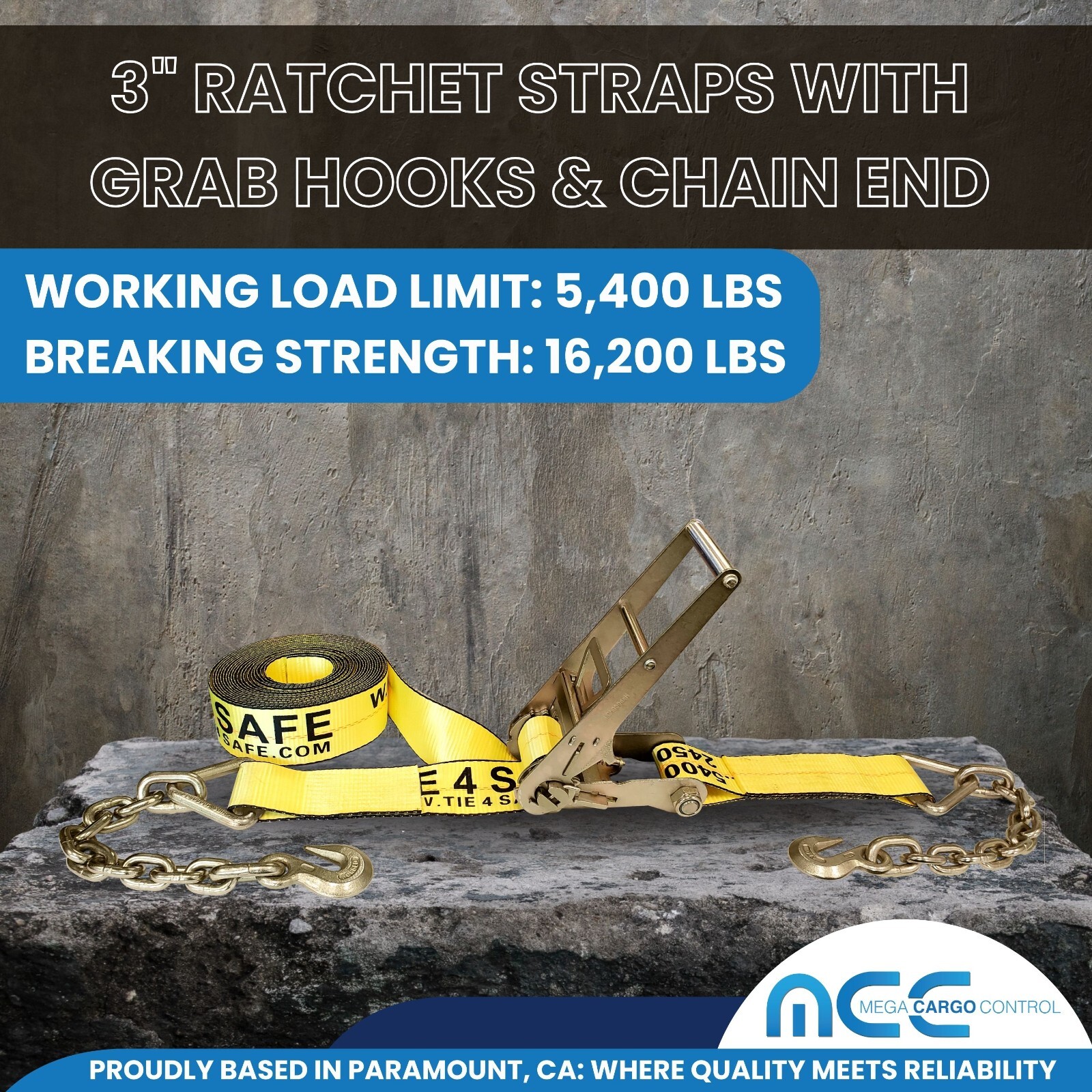 2 Pack 3" x 30' Ratchet Strap w/ Chain Extension Flatbed Truck Trailer Tie Down