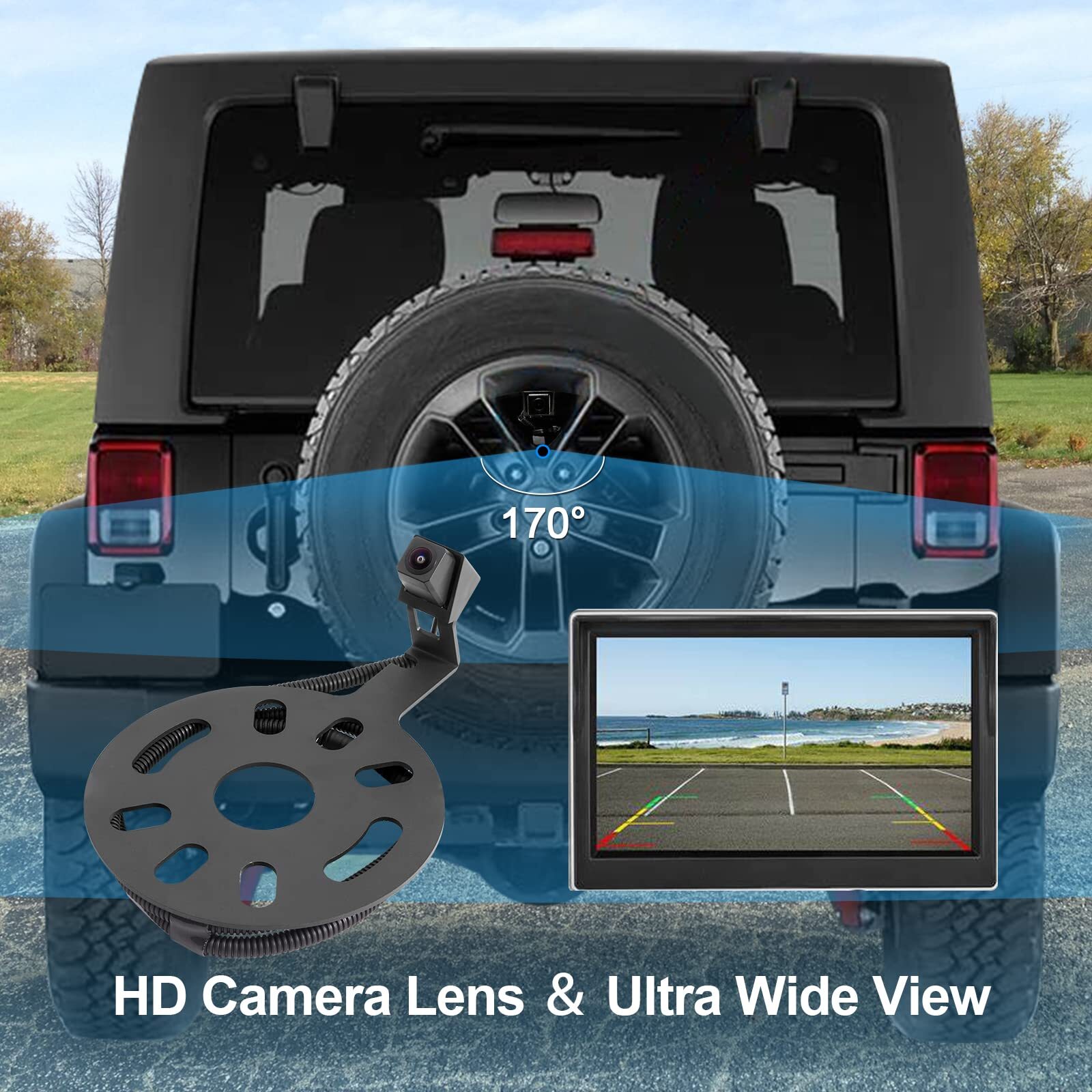 Rear View Backup Camera Kit w/ Spare Tire Bracket For 2007-2018 Jeep Wrangler JK