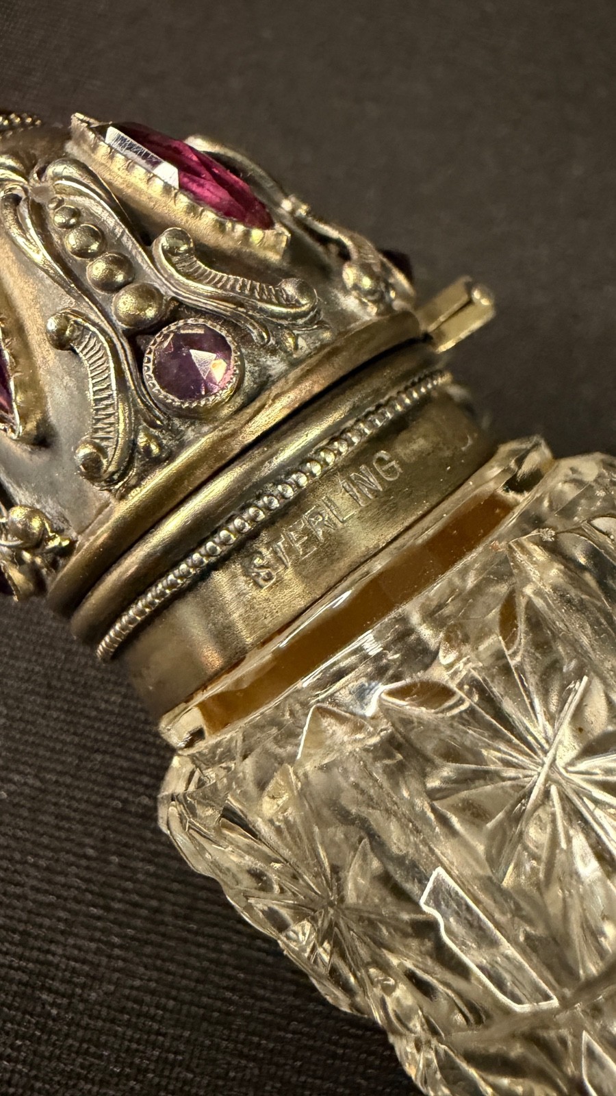 Rare Victorian Sterling with Faceted Amethyst Stones & Cut Cyrstal Scent Bottle