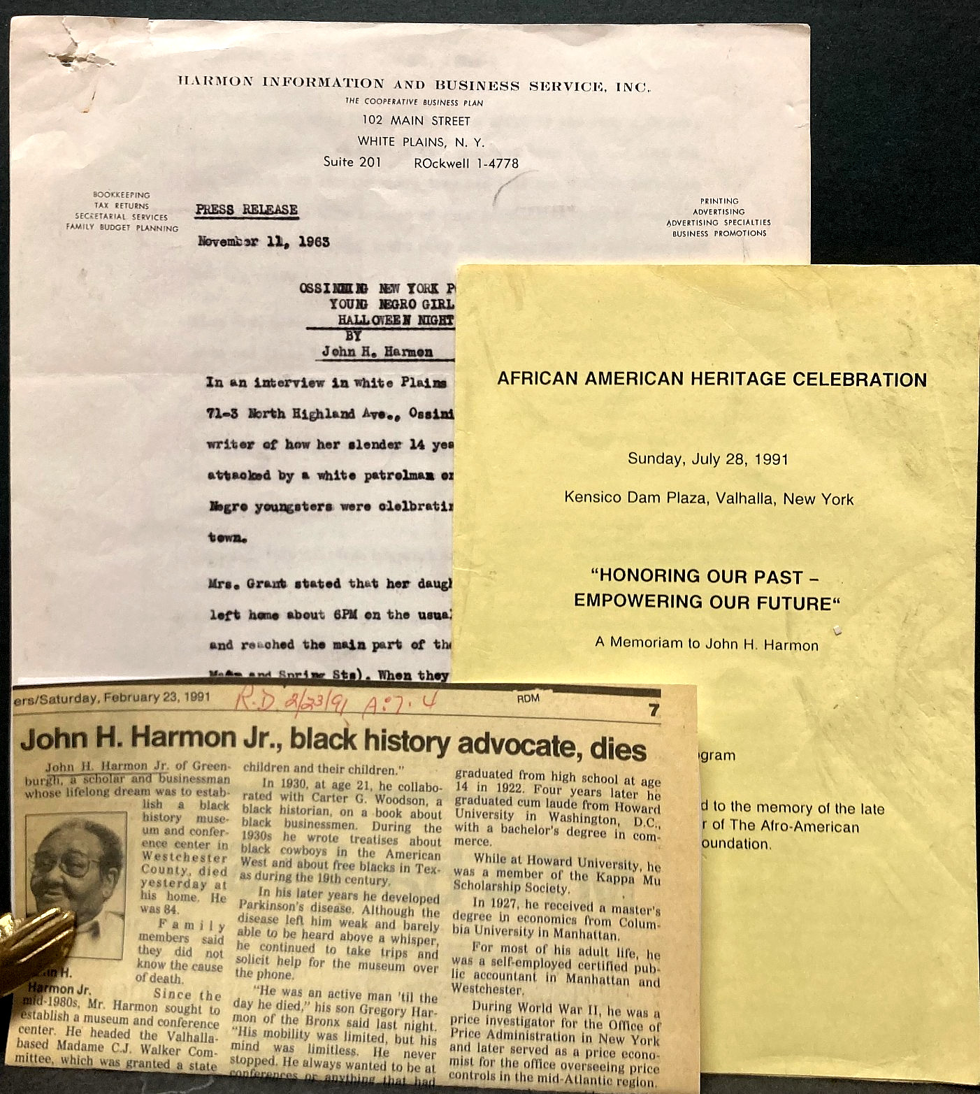 Vintage African American Ephemera~John H. Harmon~1963 Press Release~1991 Program
