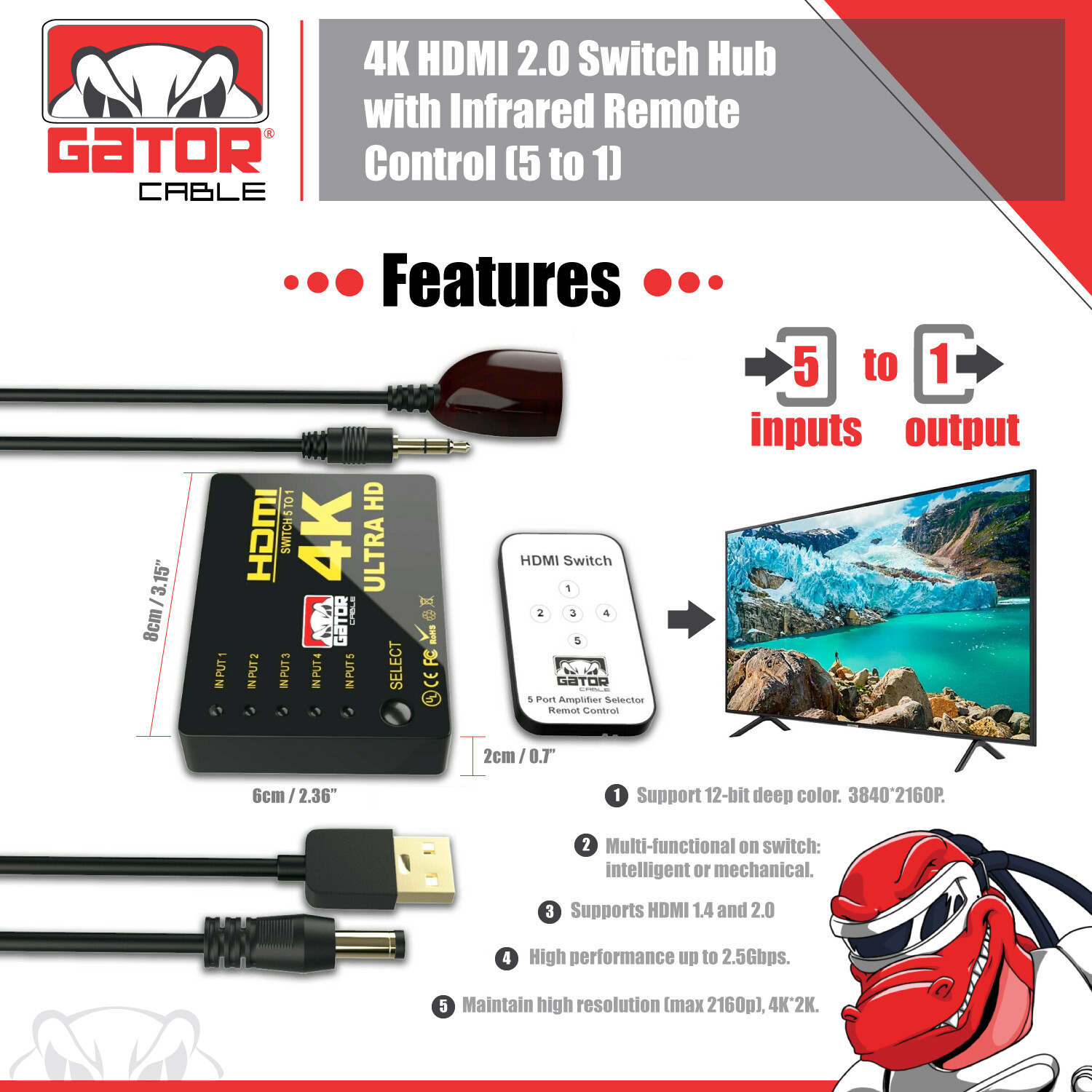 4K HDMI 2.0 Cable Splitter Switcher Box Hub IR Remote Control 5X1 Power 5 to 1