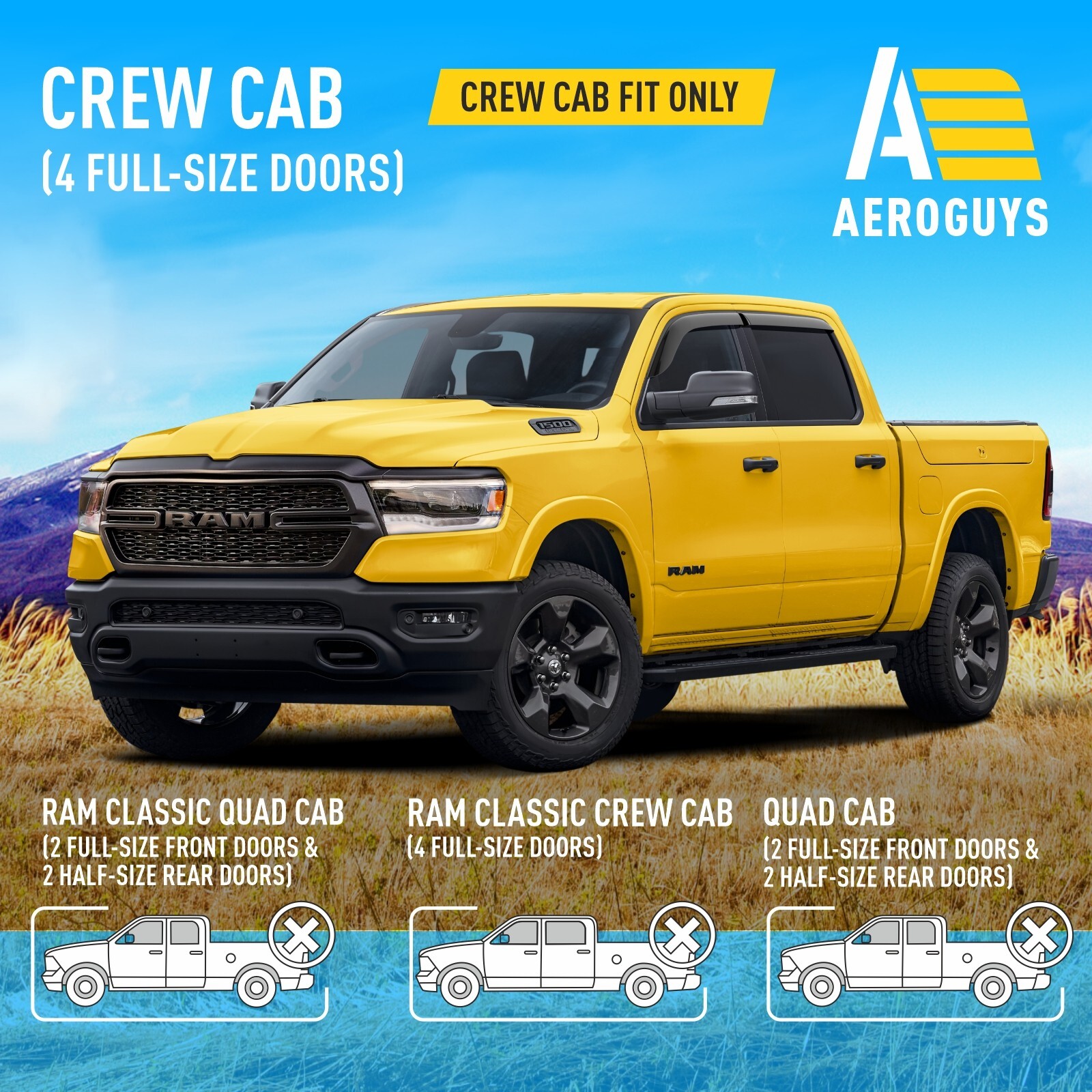 Rain Guards Vent Visors Shade for 2019-2024 Dodge Ram Crew Cab