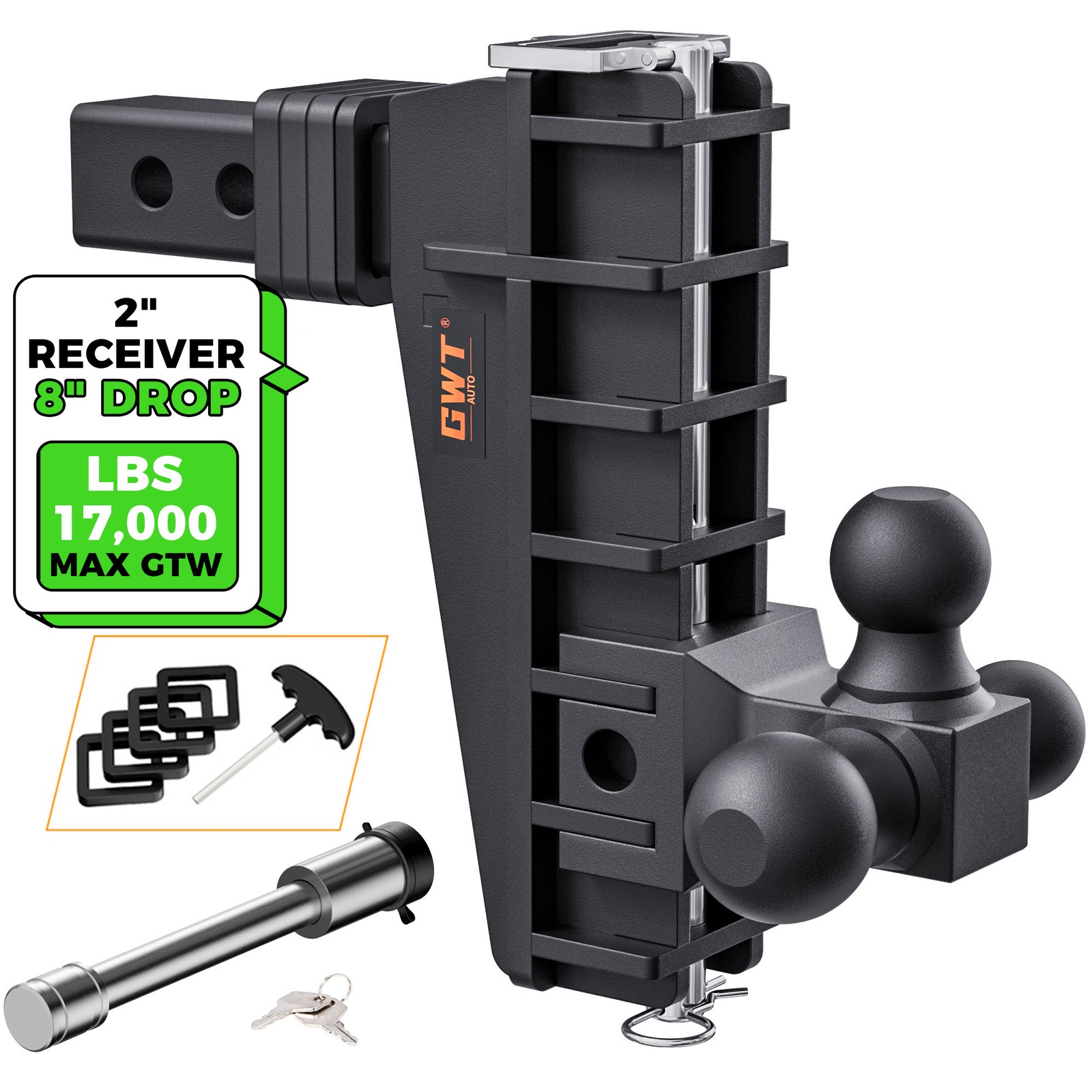 2'' Receiver Adjustable Trailer Hitch 8'' Drop Tow Hitch Tri-Ball Truck Hitch