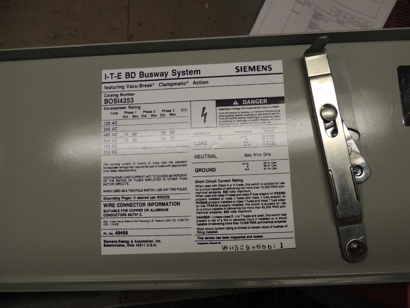 BOS14353 SIEMENS I.T.E. BD SWITCH PLUG, RECON 100 AMP, 600V