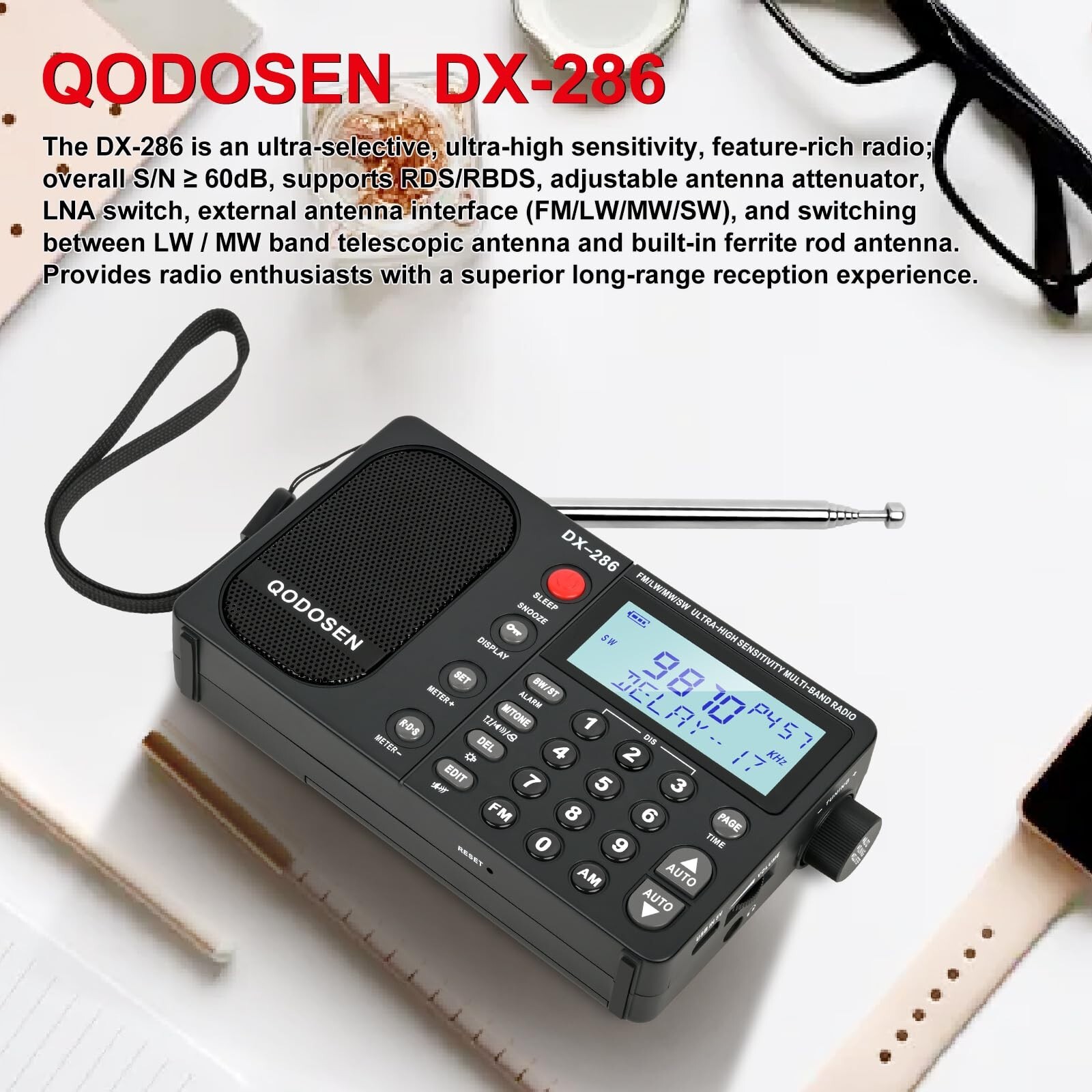 QODOSEN DX-286 Portable Shortwave Radio AM/FM/LW/SW Radios with 18650 Battery