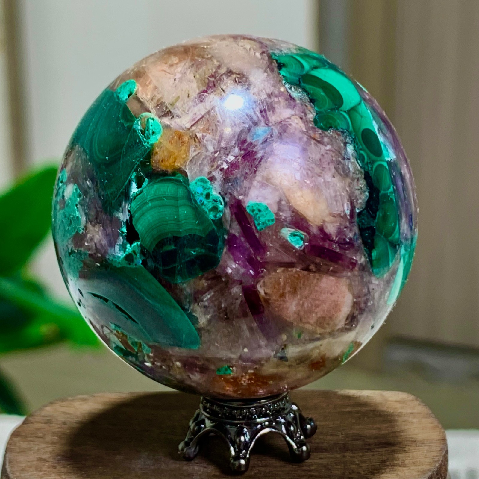 117G Newly discovered rare malachite purple mica symbiotic sphere restoration