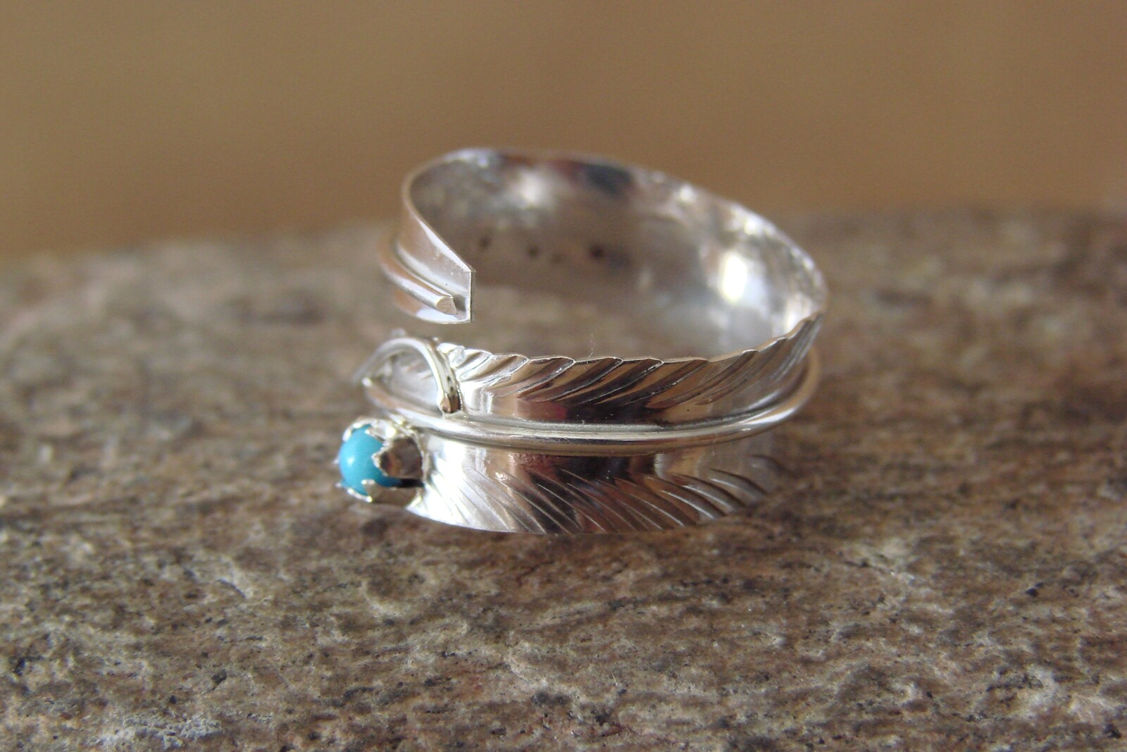 Navajo Indian Handmade Sterling Silver Turquoise Feather Ring, Adjustable!