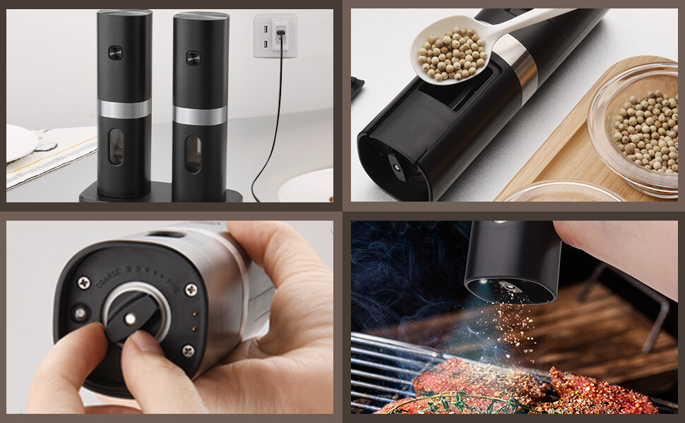 Electric Salt and Pepper Grinder Set with Rechargeable Base Mill-Adjustable