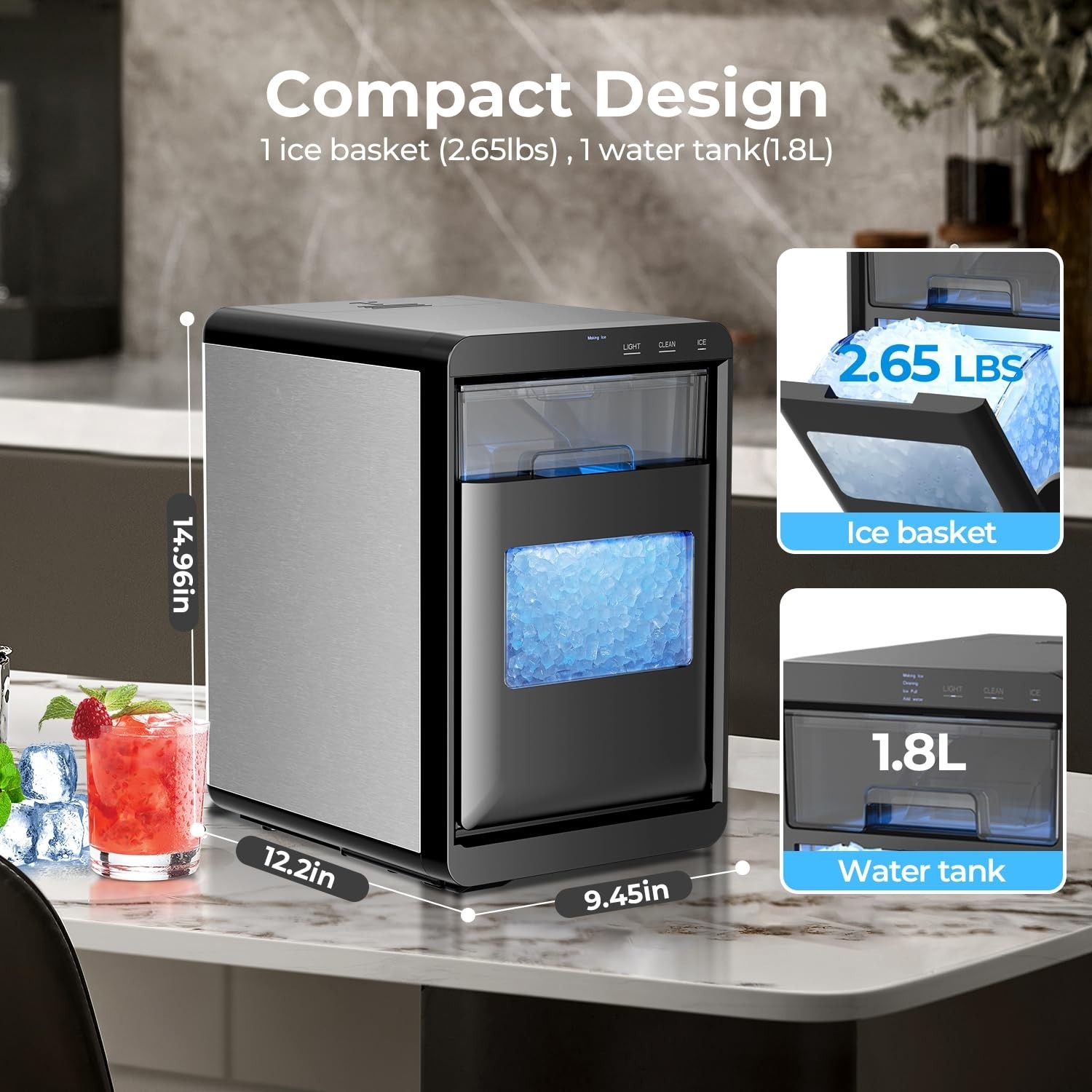Nugget Ice Maker Countertop - 44LB/Day, Self-Cleaning Portable Ice Machine with
