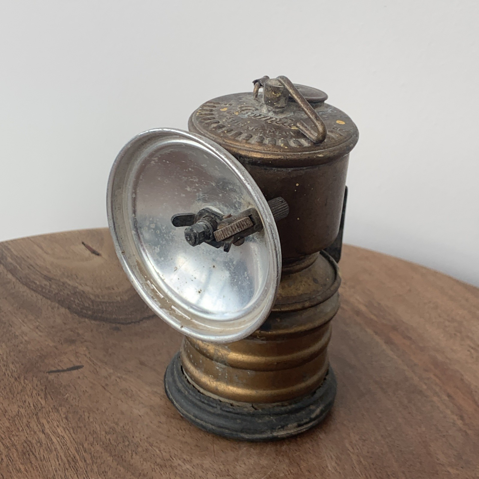 Vintage Brass Miners Carbide Hat Lamp by "Premier" Leeds England Large Reflector