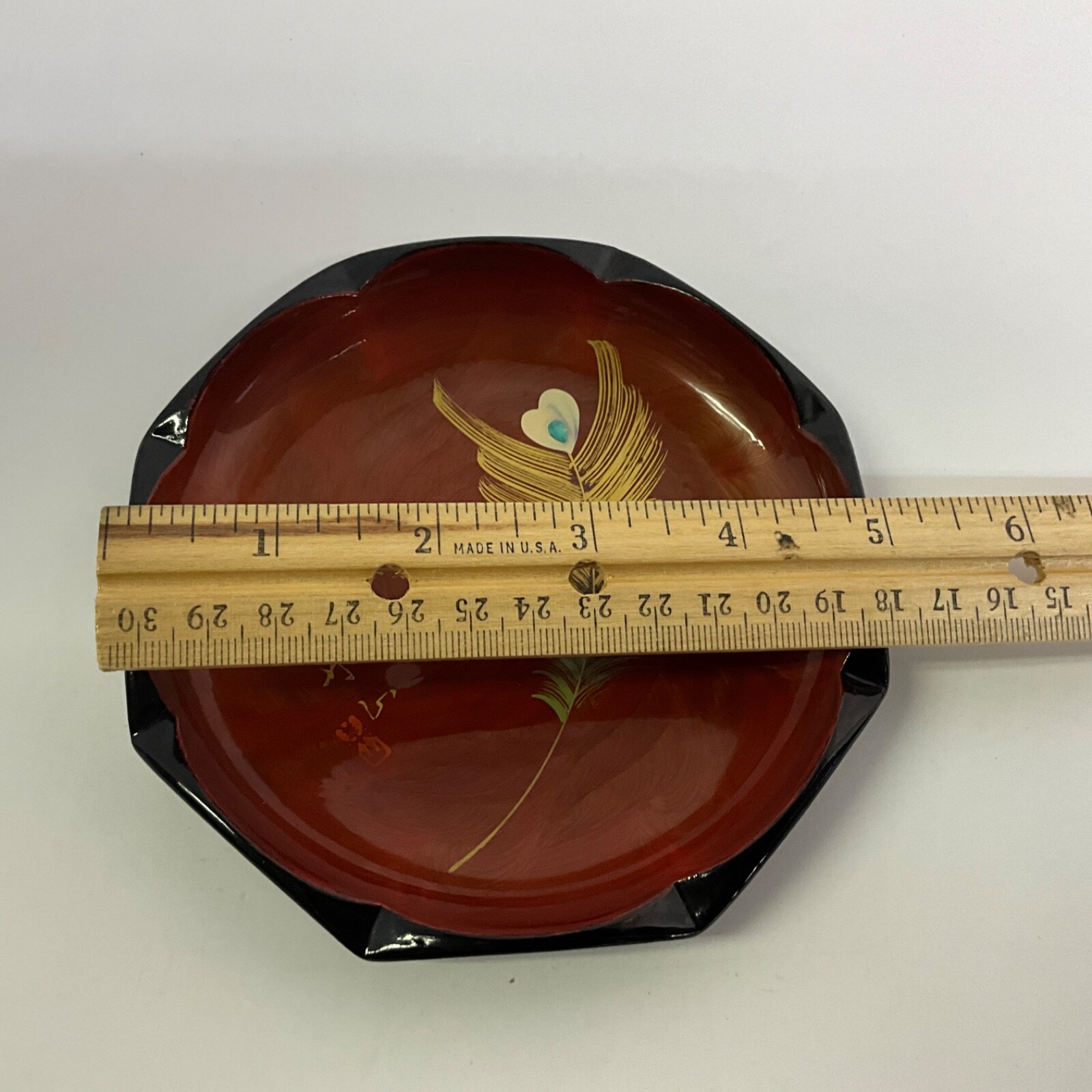 Vintage Asian Black with Red/Copper Lacquerware Octagonal Handpainted Feather 5”