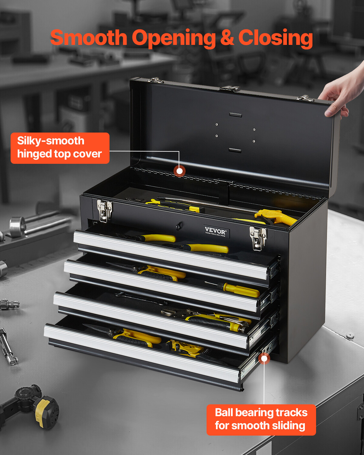 Tool Box 20.5-inch Portable Metal Tool Box with 4 Drawers Tool Organizer Black