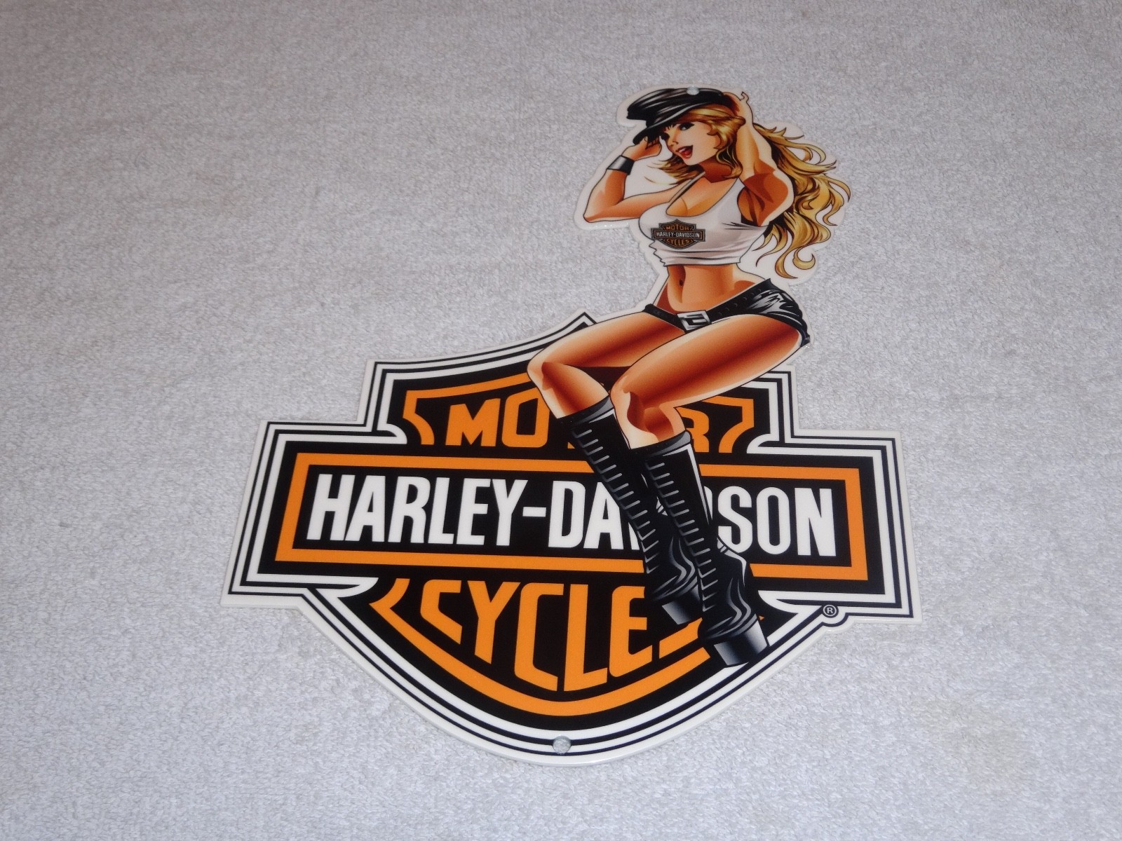 VINTAGE HARLEY DAVIDSON MOTORCYCLE WOMAN 👩 12" MOTOR CYCLE GASOLINE & OIL SIGN