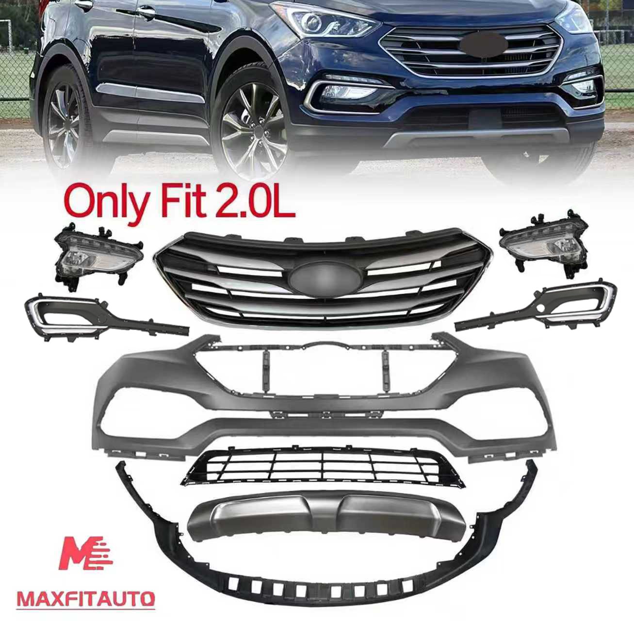 Fit Hyundai Santa Fe Sport 2017-2018 Front Bumper Cover Kit W/Grille/Fog Lights