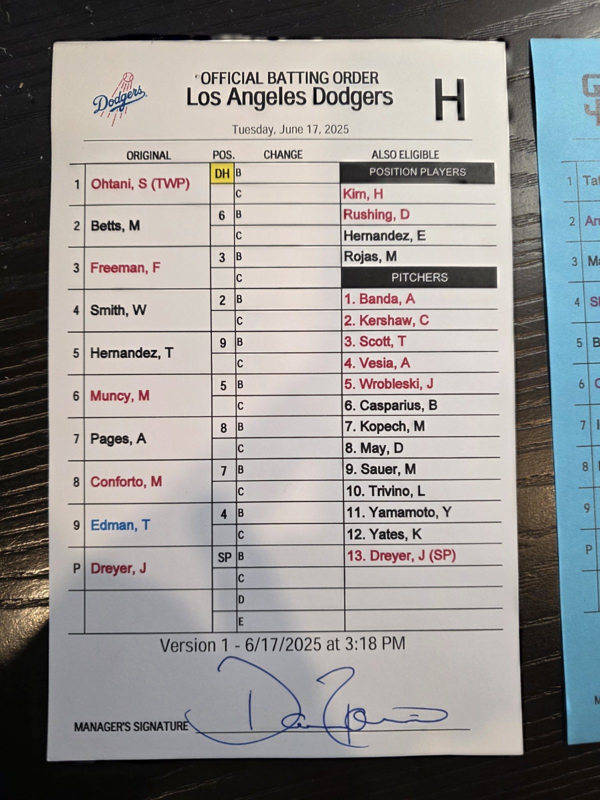 Game Used OFFICIAL BATTING ORDER LINEUP CARDS LA DODGERS & SAN DIEGO PADRES 2025