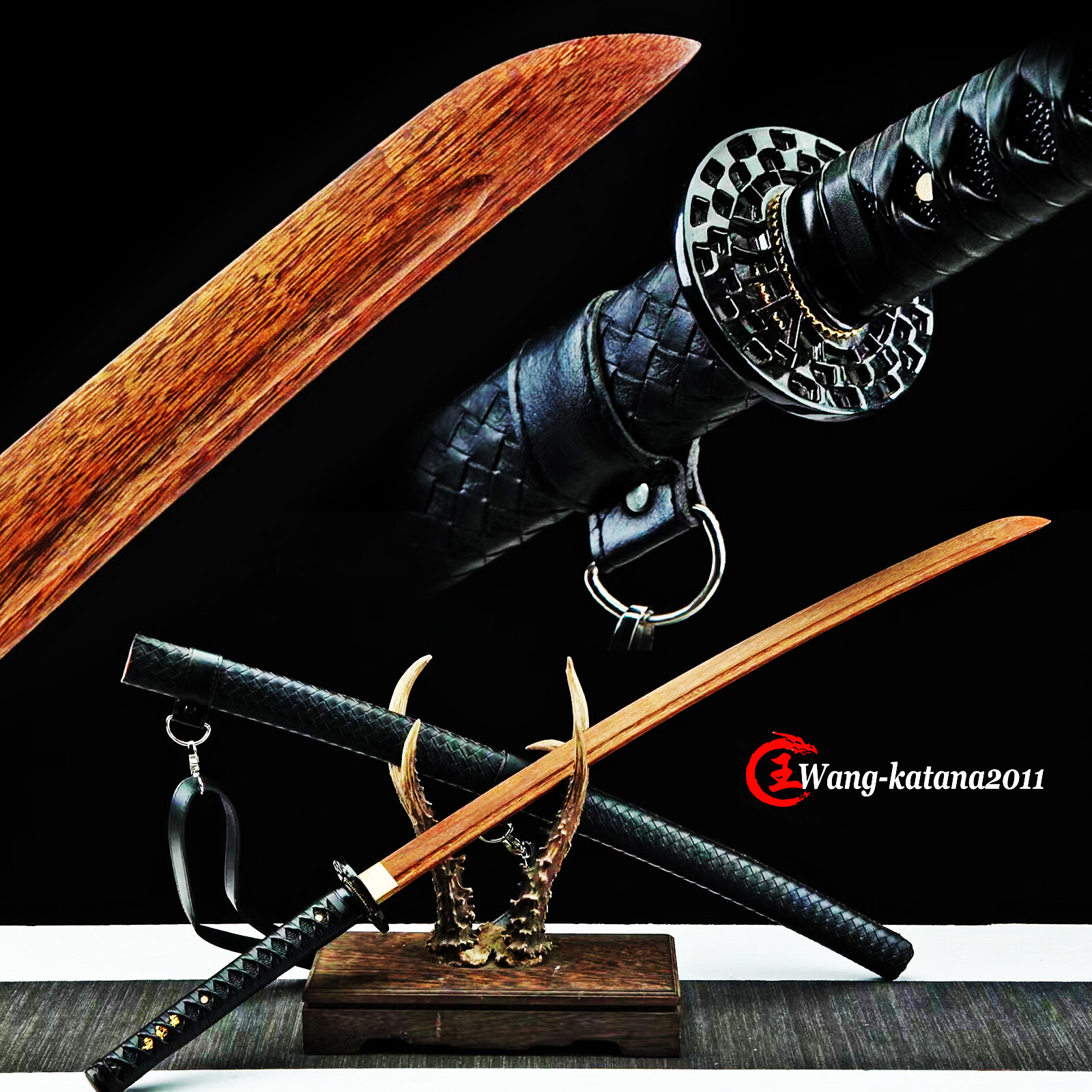 Wooden Katana Battle Training Practice Sword Kendo Iaido Outdoor Leather Bokken
