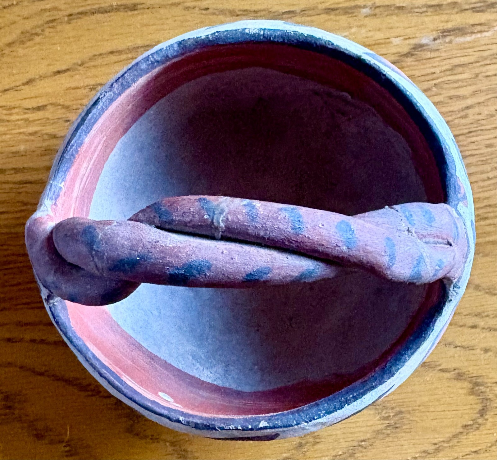 Antique Southwest NM ISLETA Pottery Bowl w/ Rope Twist Handle 4" x 4 1/4" AS-IS