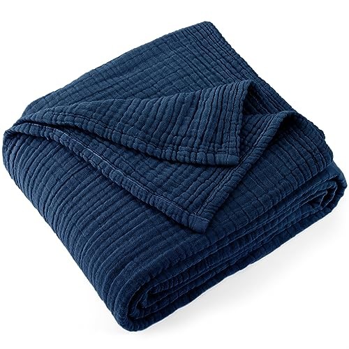 100% Cotton Muslin Throw Blanket 90" X 90" Size，4-Layers Queen Navy Blue