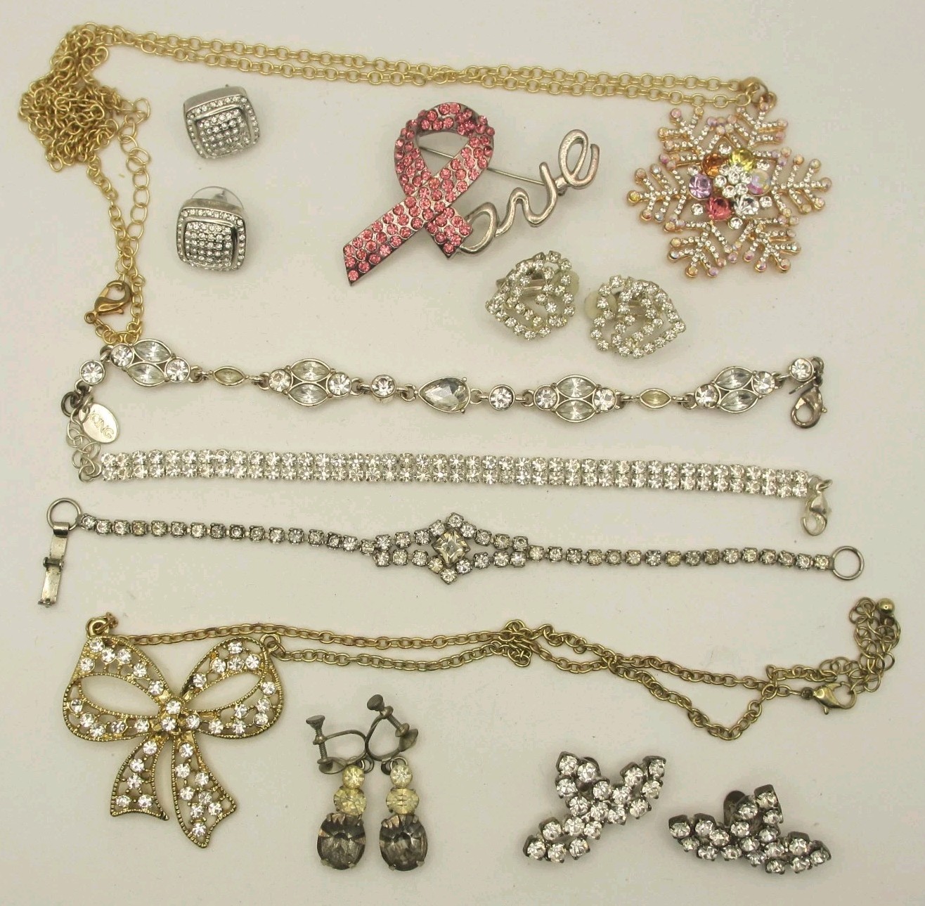 Vintage Rhinestone Jewery Lot Bracelets Necklaces Earrings Shoe Clips Brooch