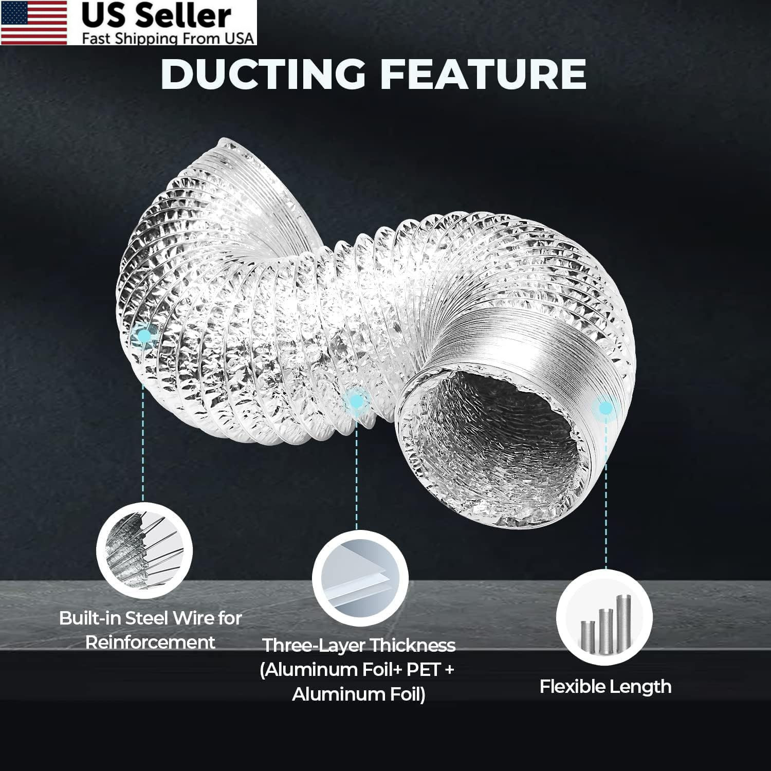 Simple Deluxe 4" 8FT Aluminum Flex Duct Non-Insulated Dryer Vent Silver