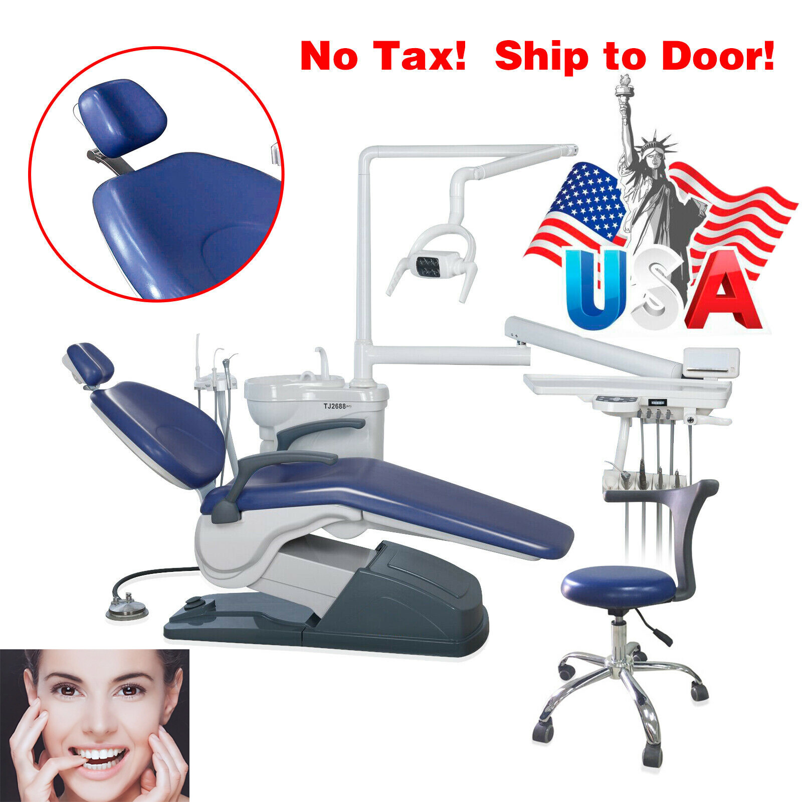 ADJUSTABLE MEDICAL DENTAL CHAIR WITH STOOL COMBINATION BLUE Hard Leather