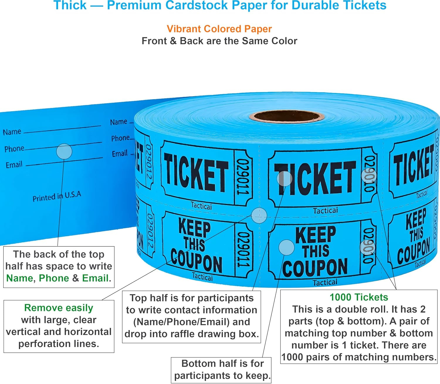 1000 Tacticai Raffle Tickets, Blue (1 of 8 Colors), Double Roll, Ticket for Even